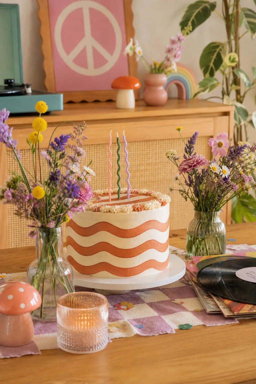 Wavy Stripe Cake Table — A single tier cake piped with wavy terracotta and cream buttercream stripes needs no fondant work and photographs as intentionally