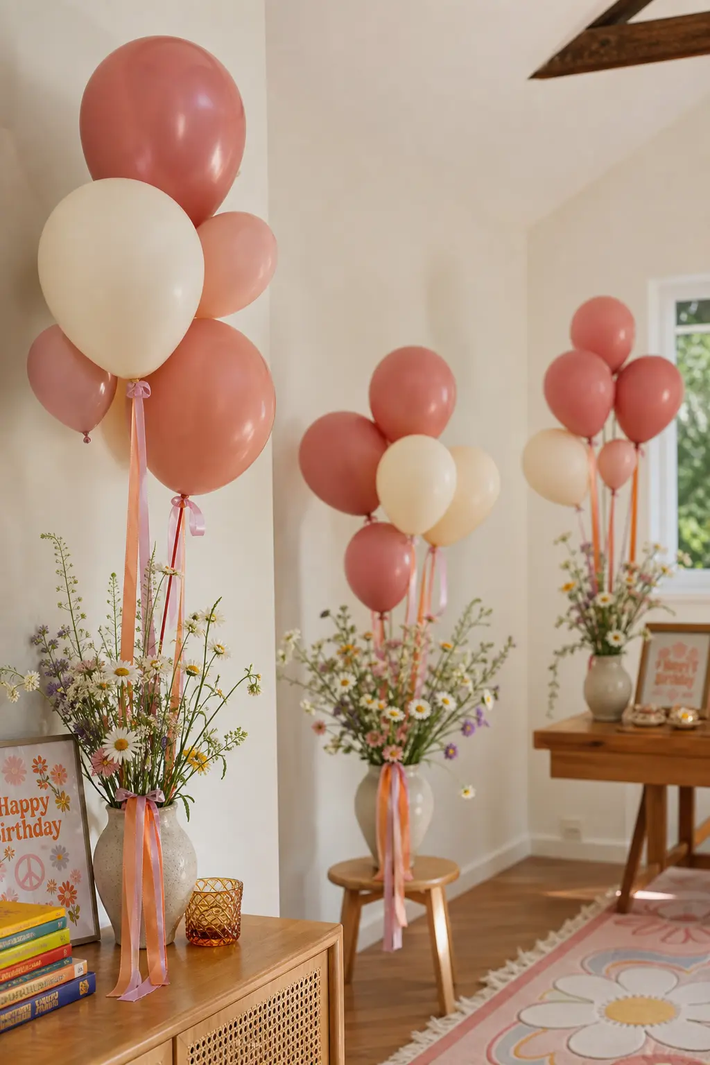 Wildflower Ribbon Balloon Bunches — Small clusters of dusty rose and cream balloons tied with silk ribbon and a sprig of real wildflowers, sitting in ceramic