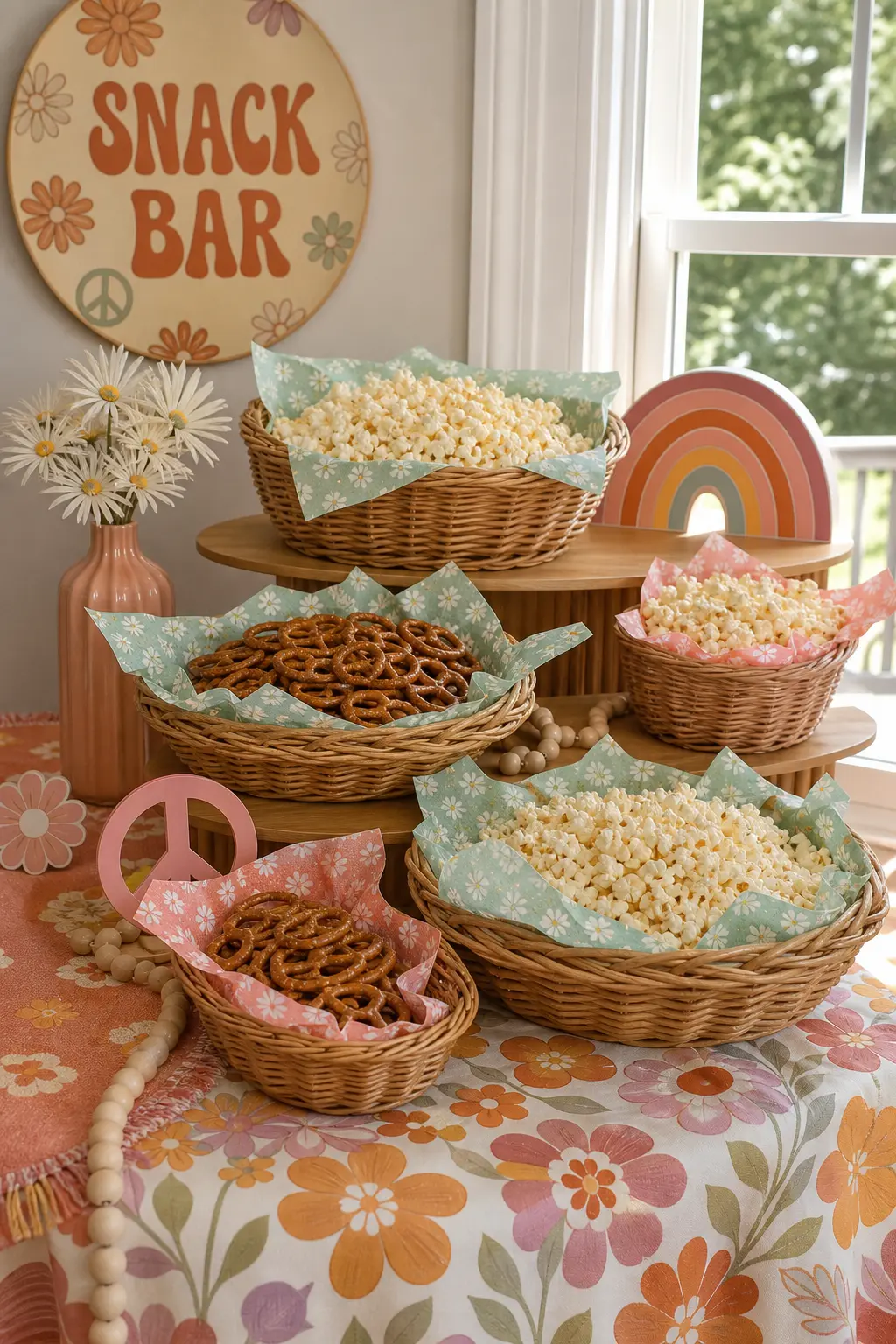 Woven Basket Snack Bar — Rattan baskets lined with mint, coral and mustard patterned liners, holding popcorn and pretzels, set on tiered wood risers, look like