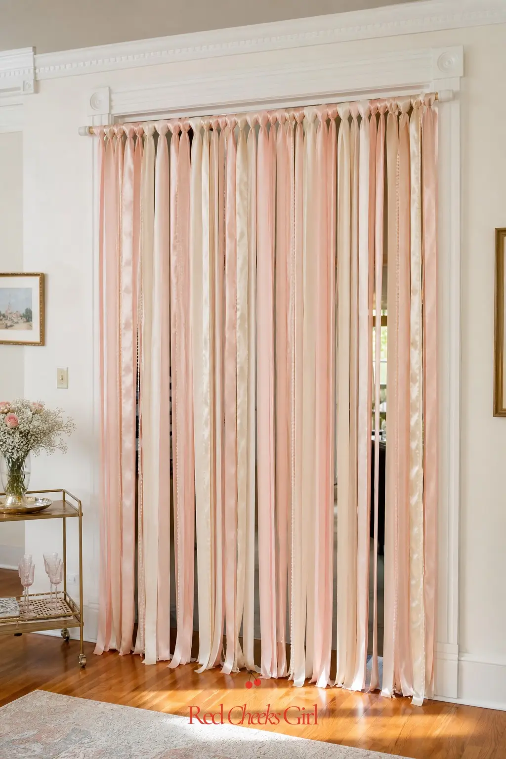 Blush Ribbon Curtain Backdrop — Strands of ribbon hung floor to ceiling across a doorway turn a plain entry into a small event on their own. Tying the knot