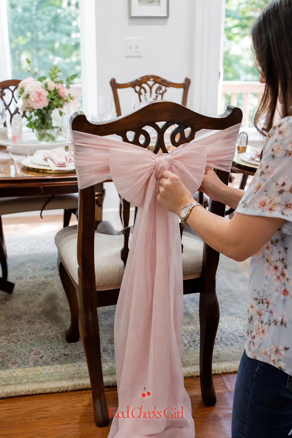 Bow Sash Chair Back for the Guest of Honor — One chair, dressed in an oversized bow sash, marks the guest of honor's seat without a single word of signage.
