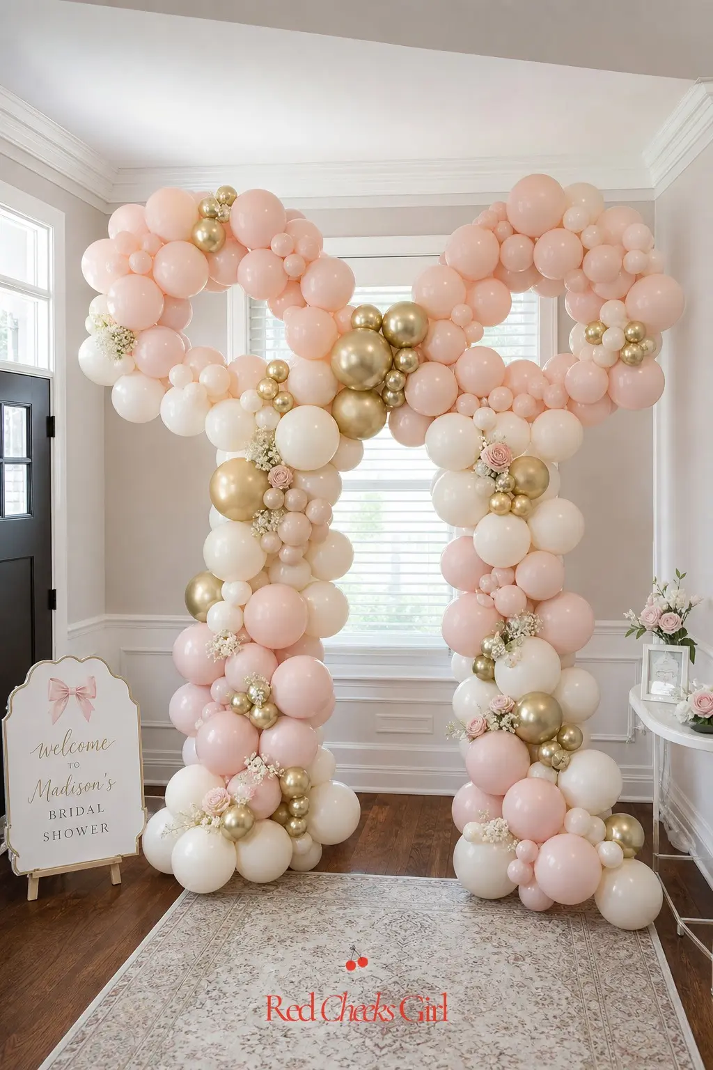 Bow-Shaped Balloon Garland Arch — An arch built to form two soft loops, rather than a plain curve, turns the standard balloon garland into a literal bow, which