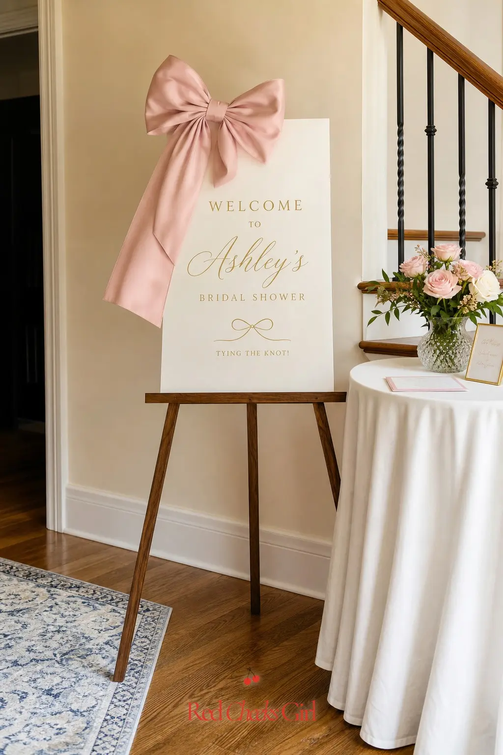 Bow-Topped Welcoming Easel Sign — A simple printed sign gets lifted the moment a real bow sits on its corner instead of a printed one. Tying the knot bridal