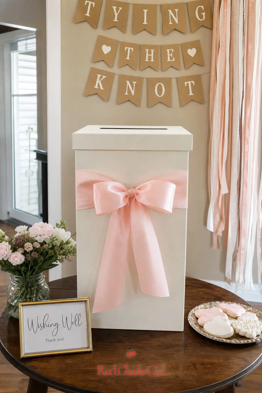 Bow-Wrapped Wishing Well Box — A tall box wrapped with one wide bow across its front gives cards somewhere proper to land instead of a loose pile on the gift