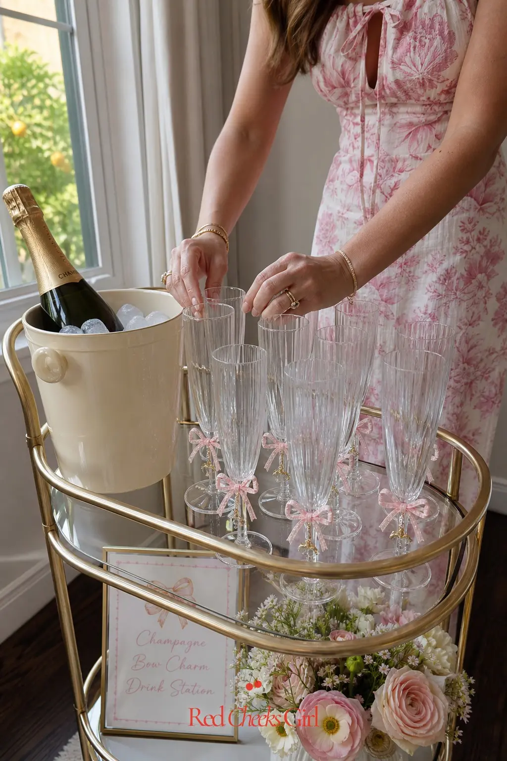 Champagne Bow Charm Drink Station — A small cart of champagne flutes, each ringed with a tiny bow charm, solves the glass-mixing problem at every party while