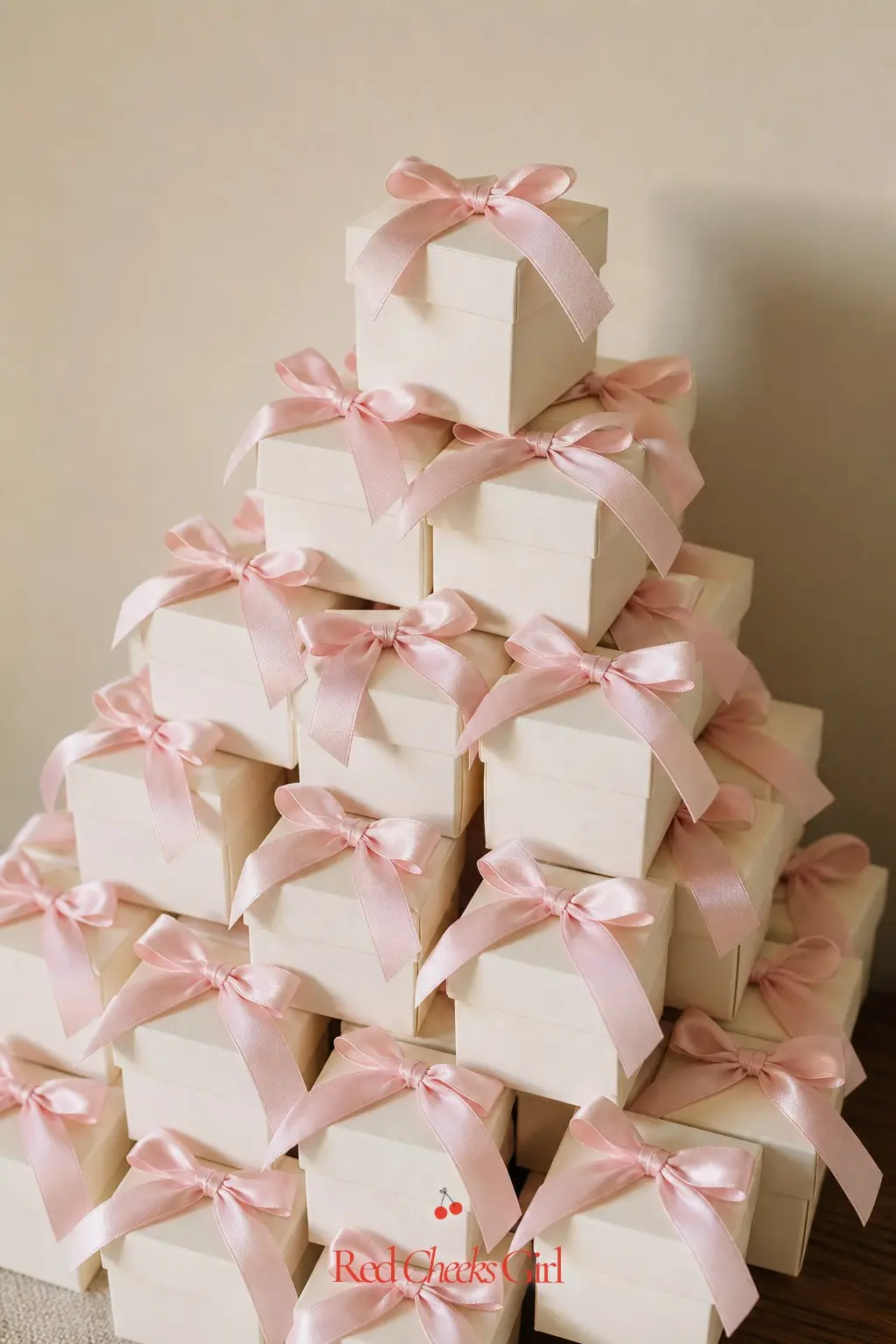 Ivory Bow Favor Boxes — Small ivory boxes, each lid topped with a real bow instead of a sticker, make even a modest favor like chocolate or bath salts feel