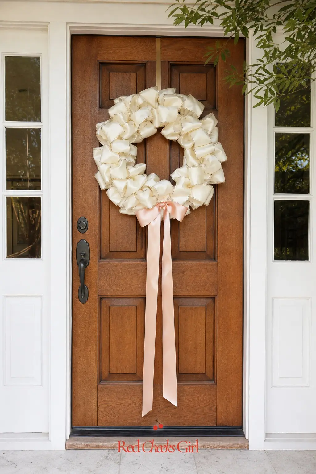 Ivory Bow Wreath for the Front Door — A wreath built from one oversized ivory bow, ribbon tails trailing down the door, tells guests exactly what afternoon