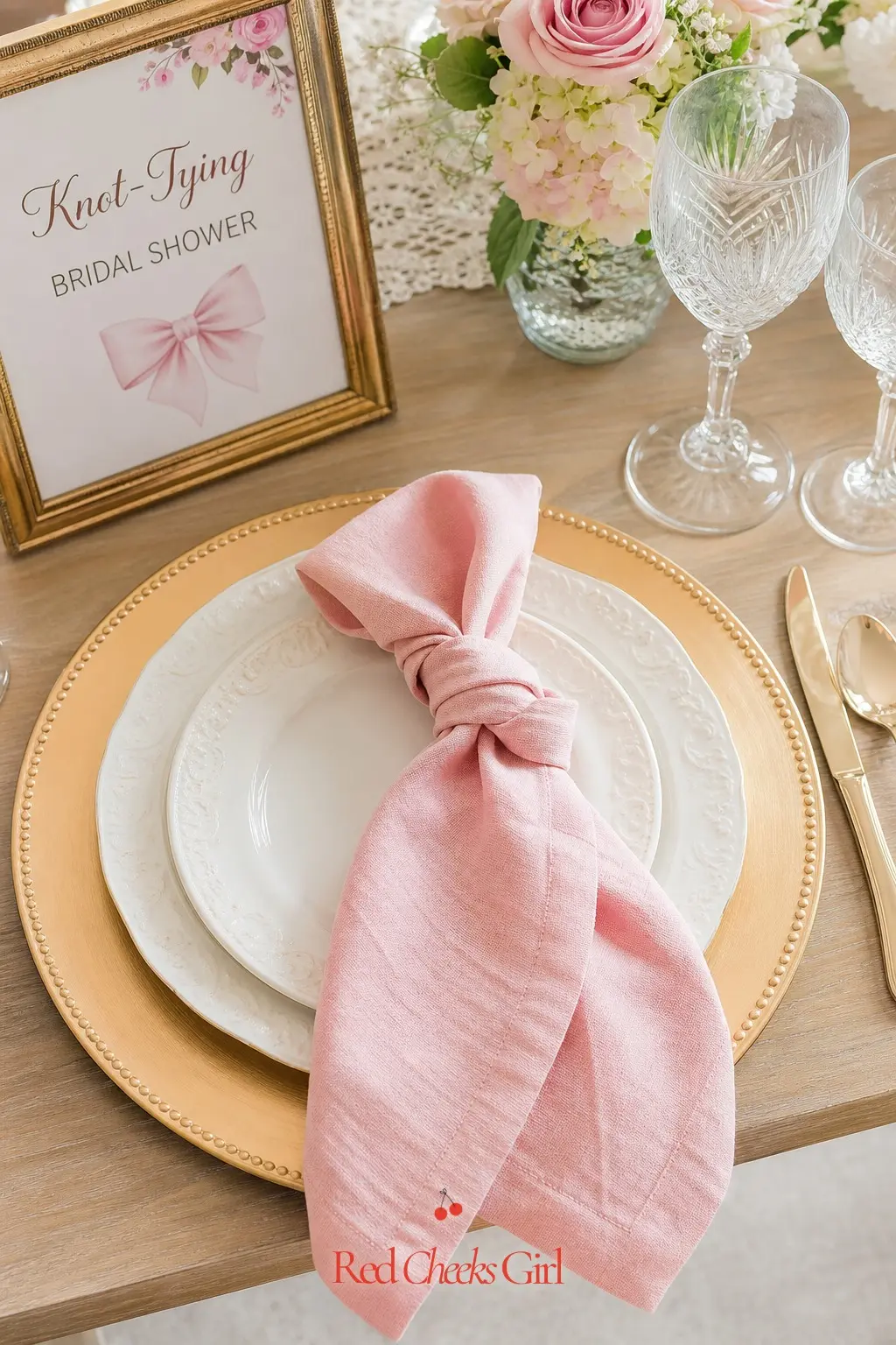 Knot-Tied Napkin Place Setting — A napkin folded into a bow knot sits on the plate before anyone touches a fork, and it does more work than a printed place
