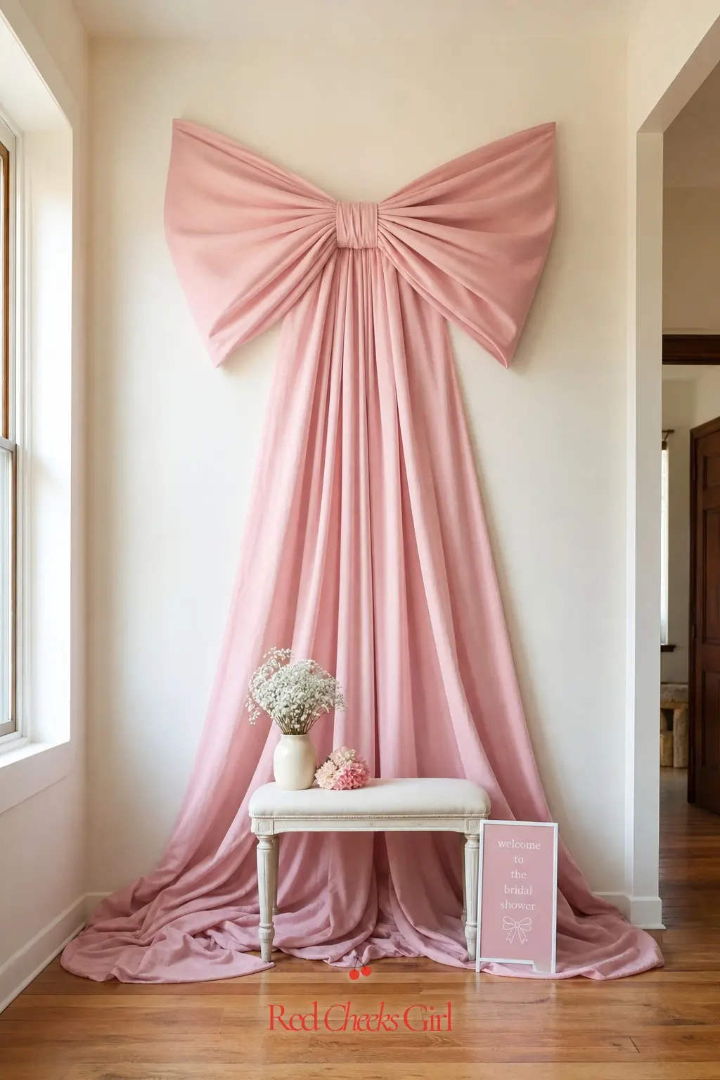 Oversized Bow Photo Backdrop — One giant bow, built floor to ceiling as the room's single backdrop, gives every guest photo the same clean, on-theme frame