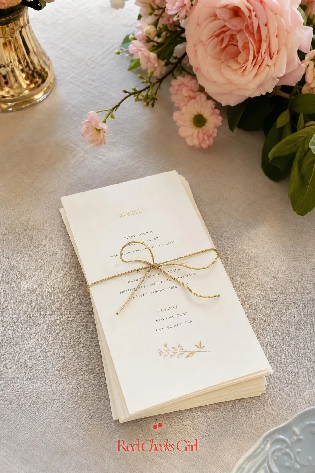 Ribbon-Knotted Menu Cards — A small stack of menu cards, tied with a thin gold ribbon instead of pinned or printed loose, turns a practical detail into another