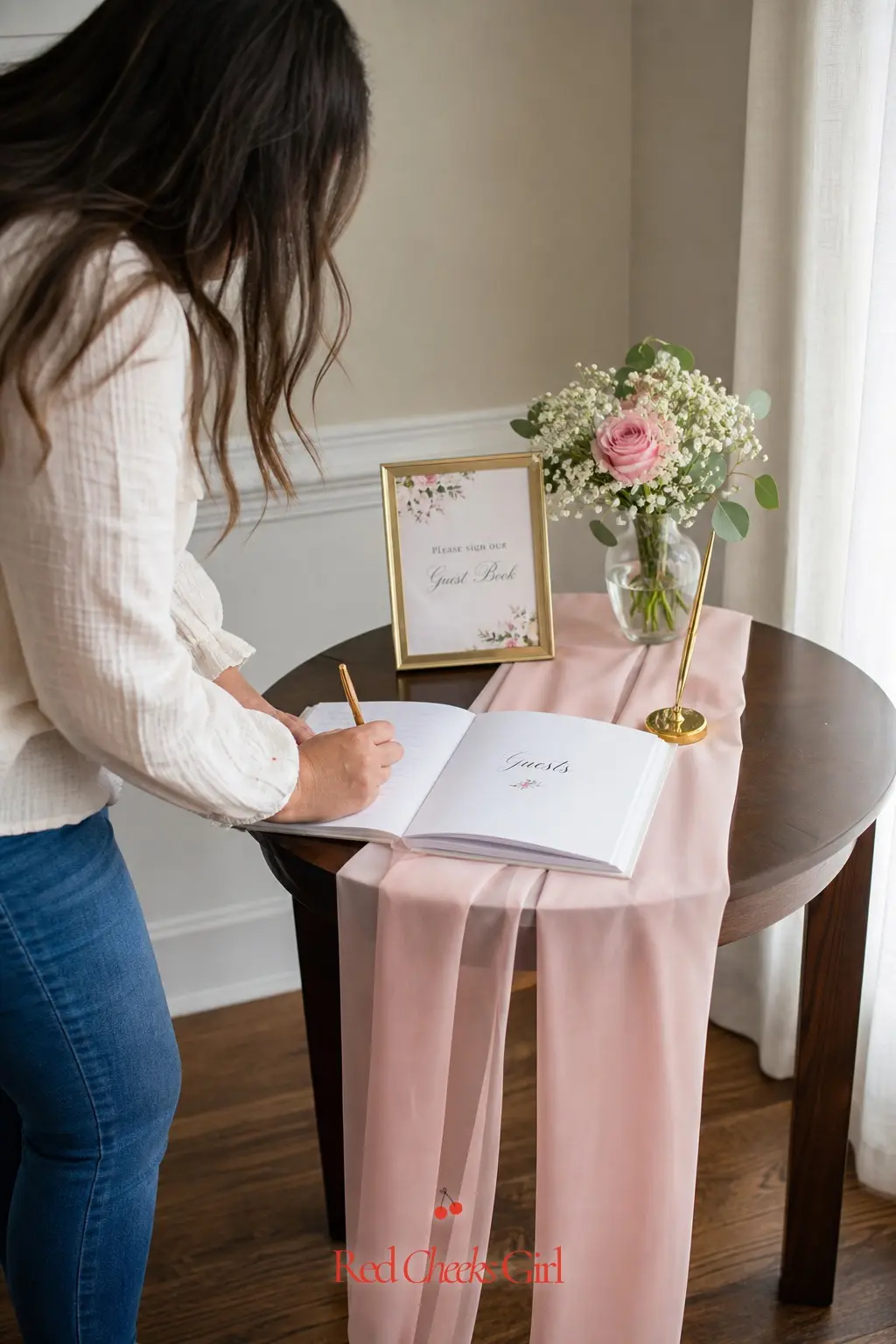 Ribbon-Wrapped Guest Book Table — A small side table near the entrance, dressed with a ribbon runner and a proper pen, gets guests writing notes on the way in
