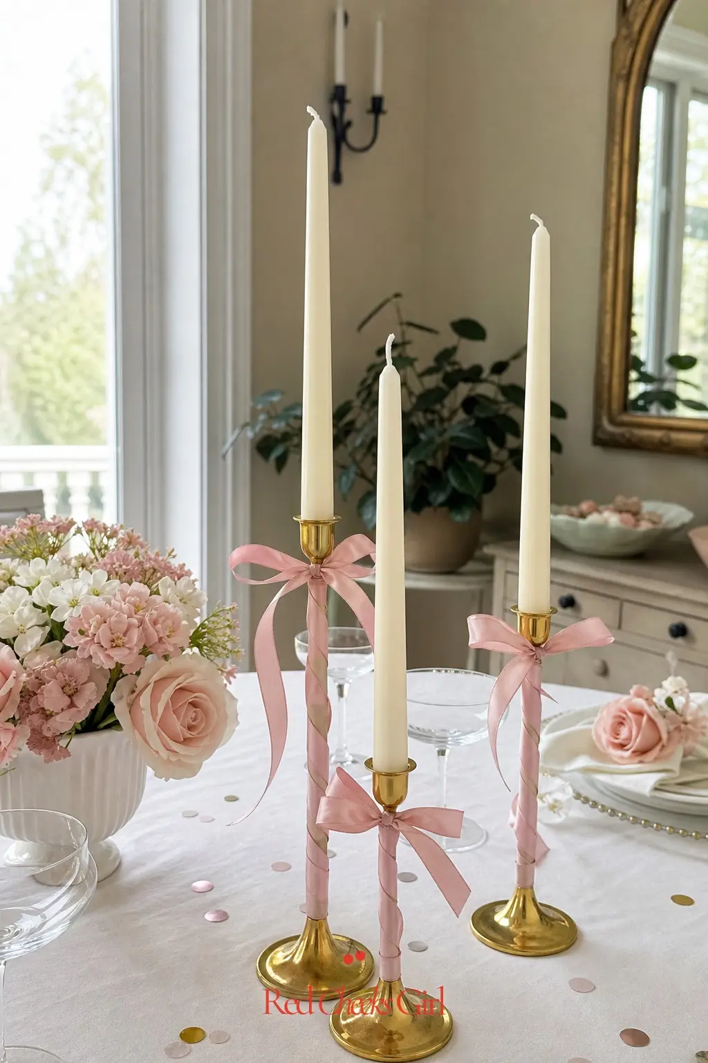 Ribbon-Wrapped Taper Candle Centerpiece — Plain ivory tapers get a spiral of thin ribbon wound up the stem before they go into the holder, so the centerpiece