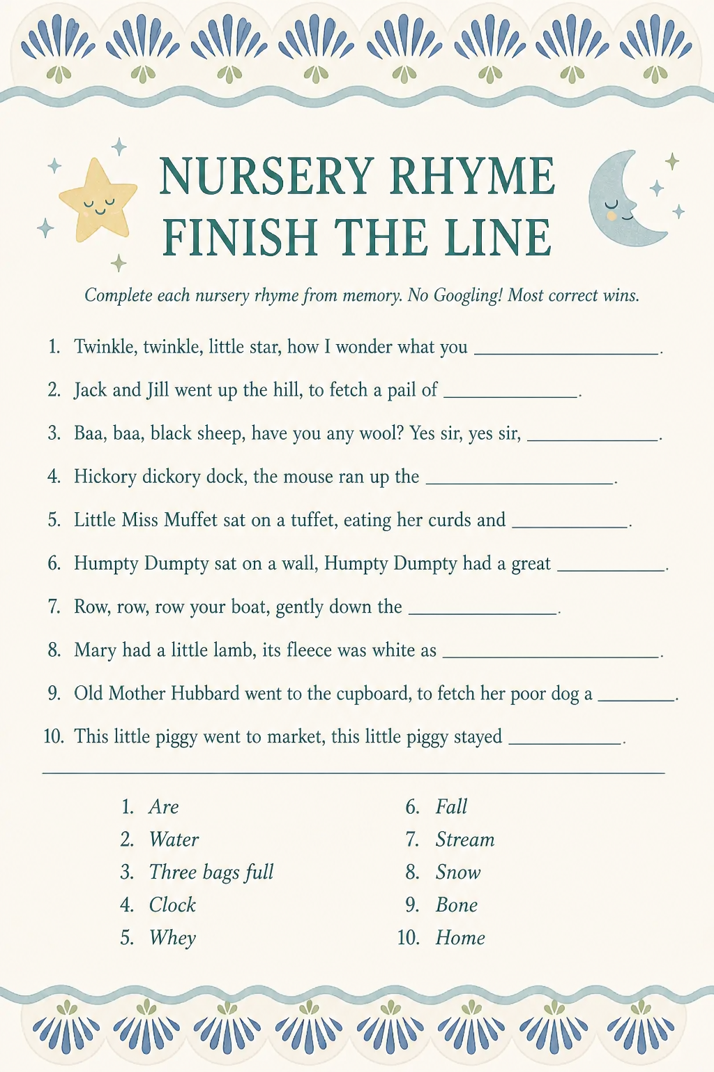 Nursery Rhyme Finish the Line printable