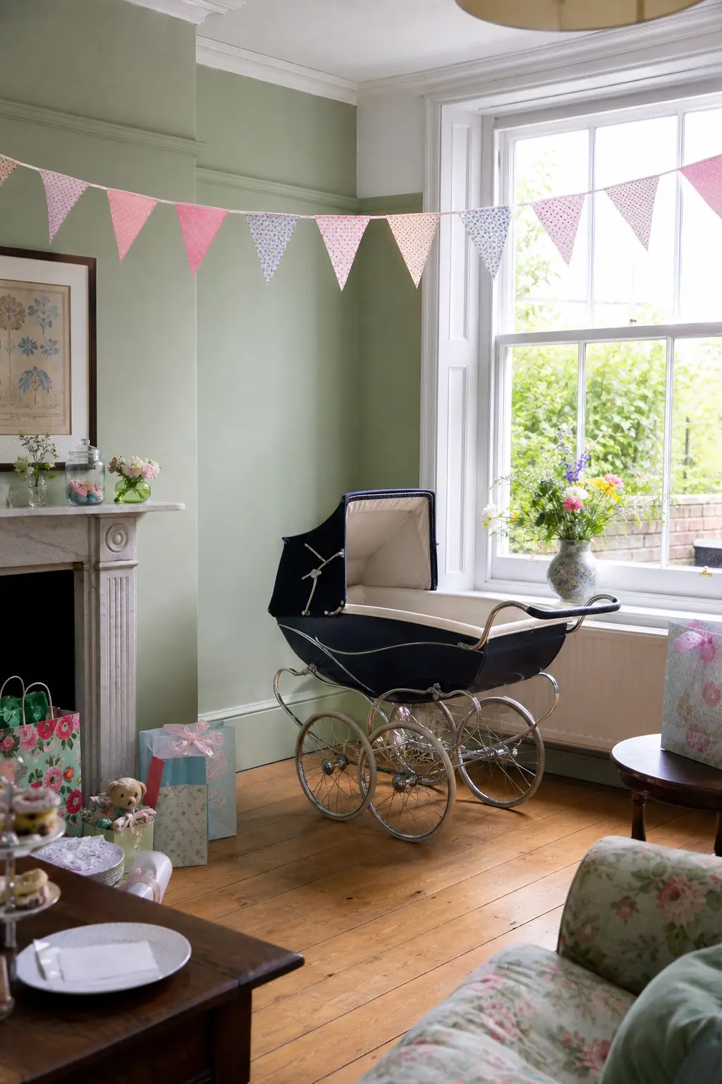 1950s Pastel Bunting and Vintage Pram Centrepiece
