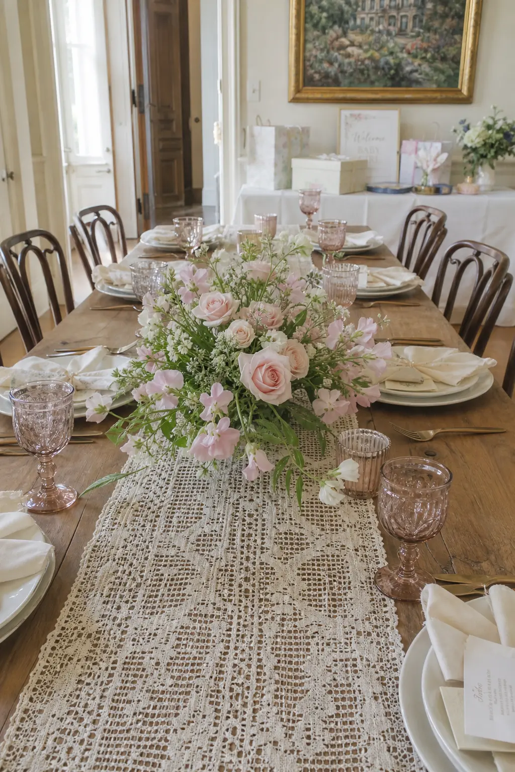 Antique Lace Runner Under a Simple Floral Arrangement