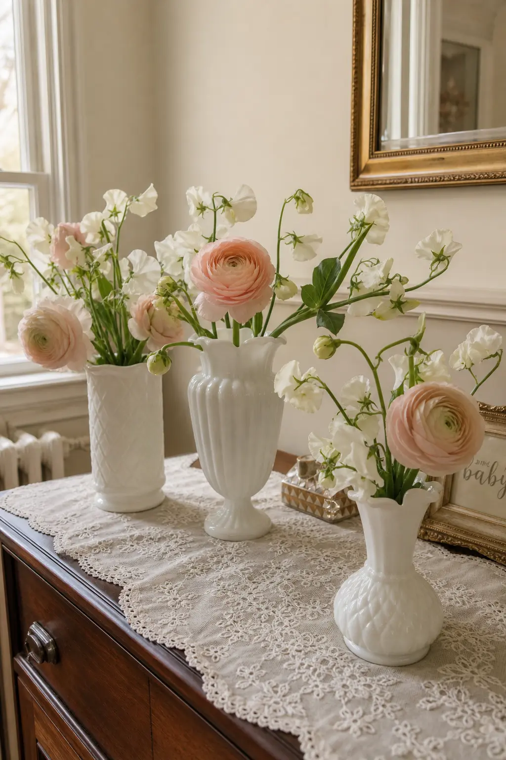Milk Glass Vases Holding a Simple Floral Arrangement