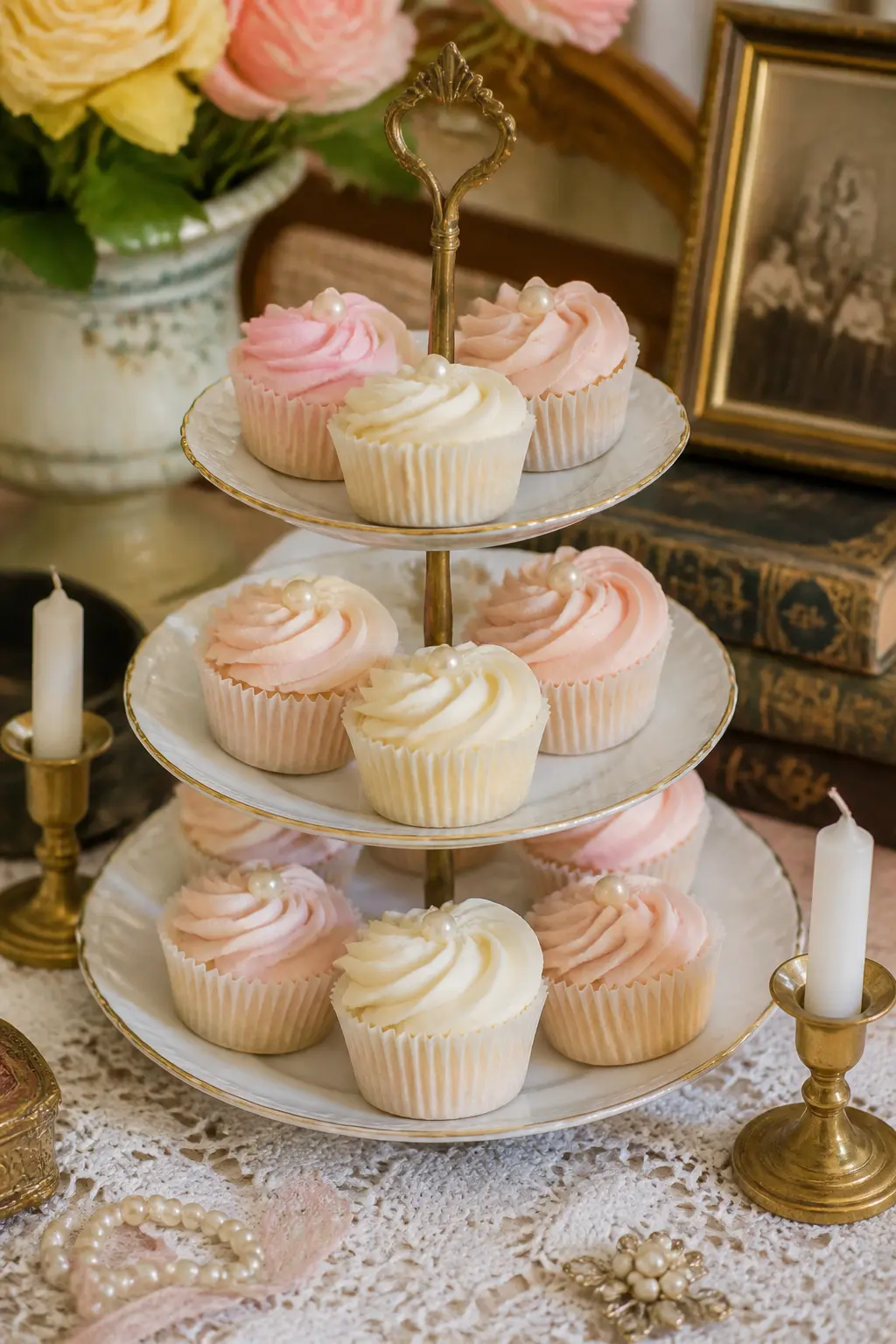 Tiered Cupcake Stand with Gold Trim — A three-tiered cupcake stand in white porcelain with a thin gold rim holds twenty-four cupcakes iced in ivory and blush