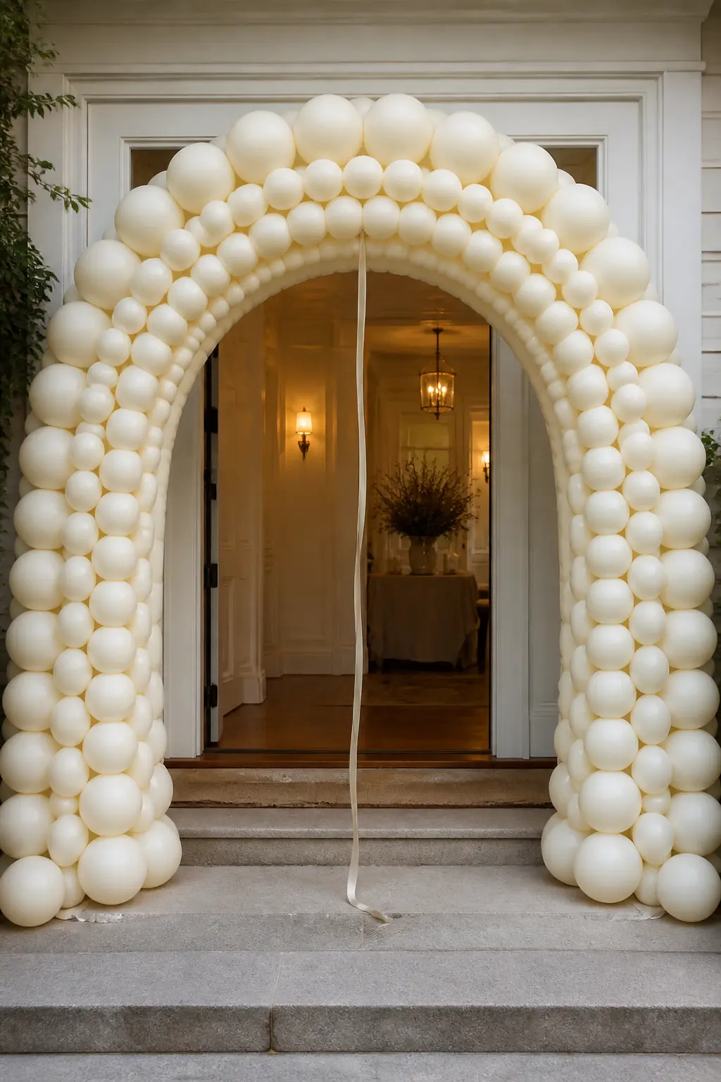 All-Cream in Four Sizes Over the Entrance — A full arch over an entrance doorway uses cream balloons in four sizes, 5-inch, 11-inch, 16-inch and 24-inch