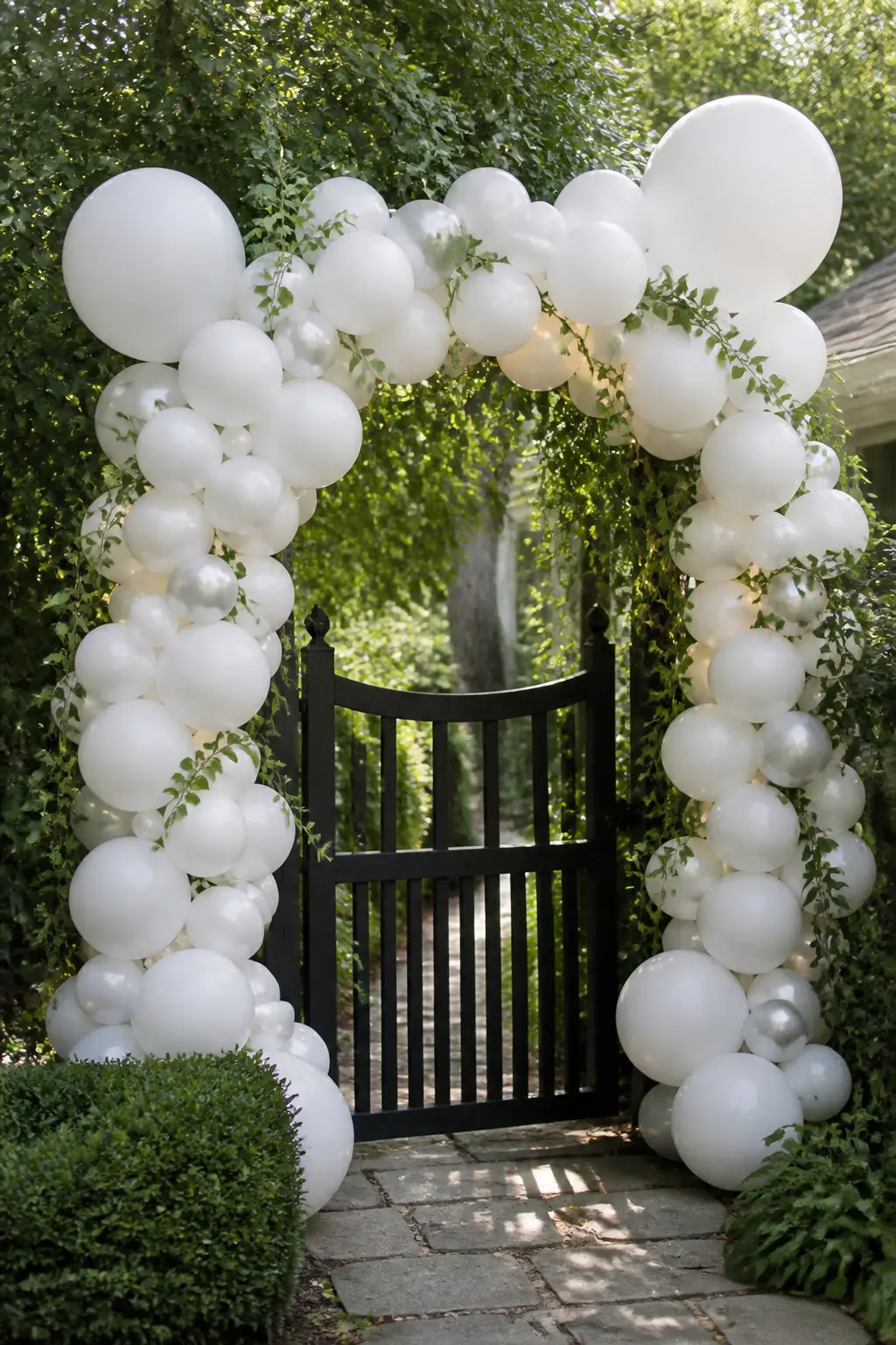 All-White Over a Garden Gate With Ivy and Fairy Lights — Three finishes of white, matte, gloss and pearl, cluster together over a garden gate to make a