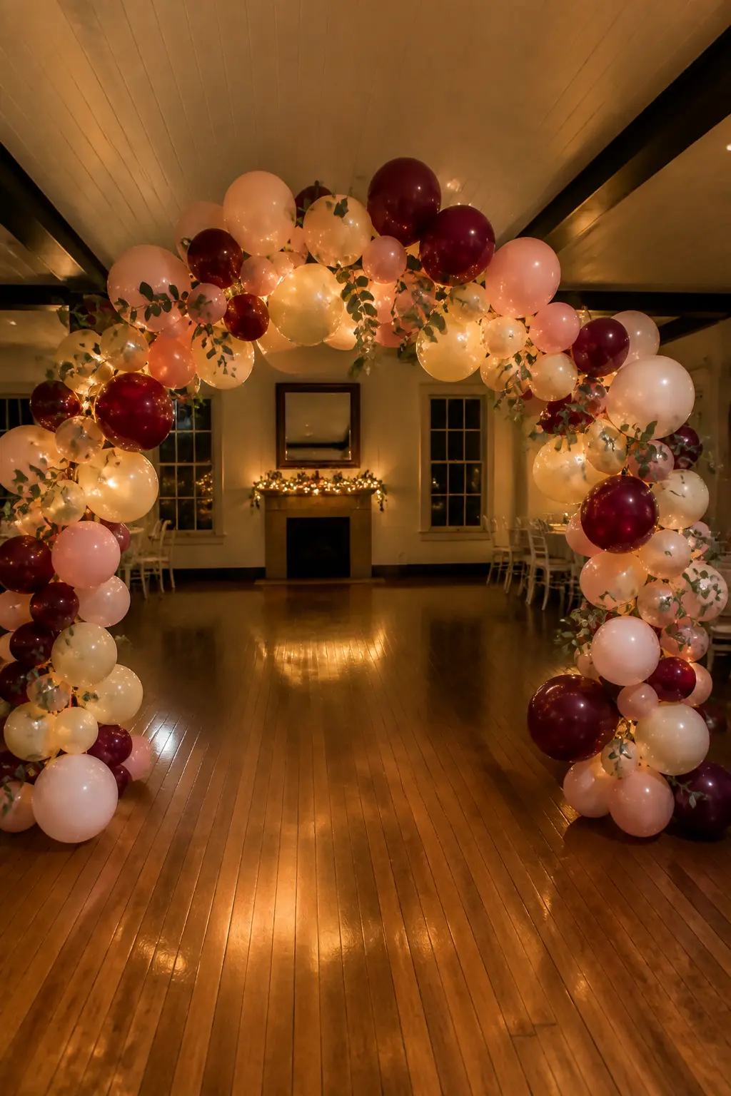 Blush, Cream and Burgundy at an Evening Reception — A full arch in blush, cream and burgundy stands in the reception room, visible against the evening lighting