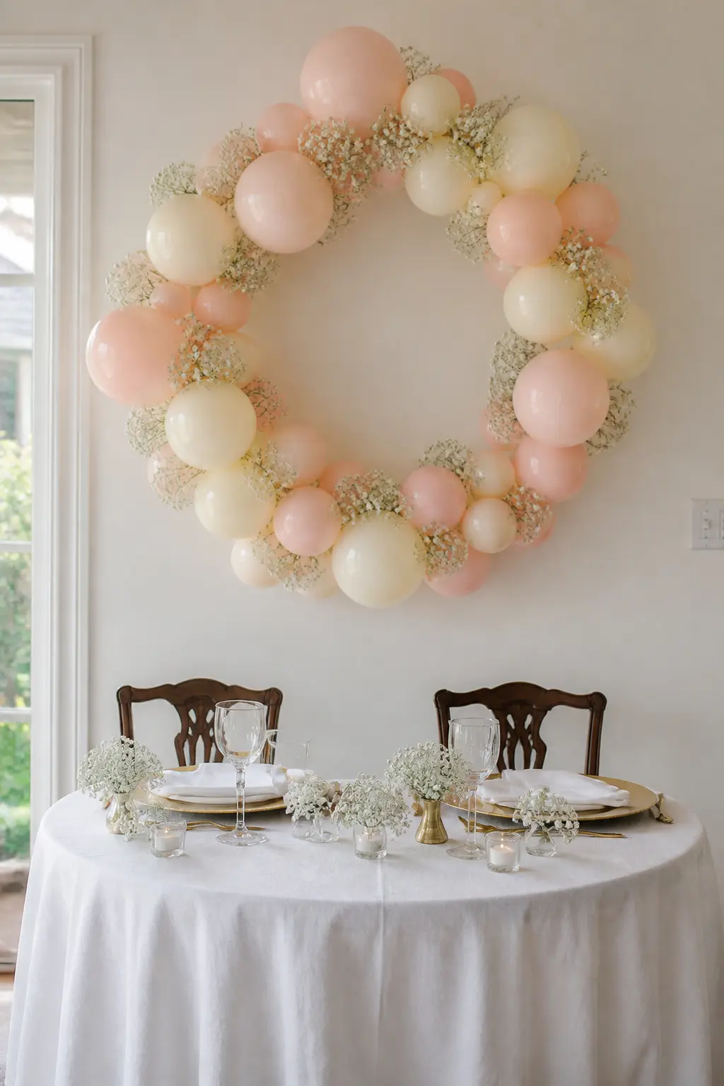 Blush and Cream Hoop Above the Sweetheart Table — A balloon hoop in blush and cream hangs above a sweetheart table for two. Wedding balloon arch
