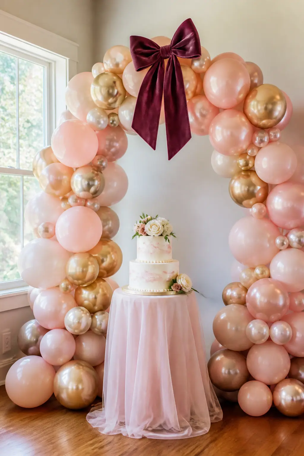 Blush and Gold Behind the Cake With a Velvet Bow — A full arch in blush and chrome gold sits behind the cake table, the cake positioned at the centre base of