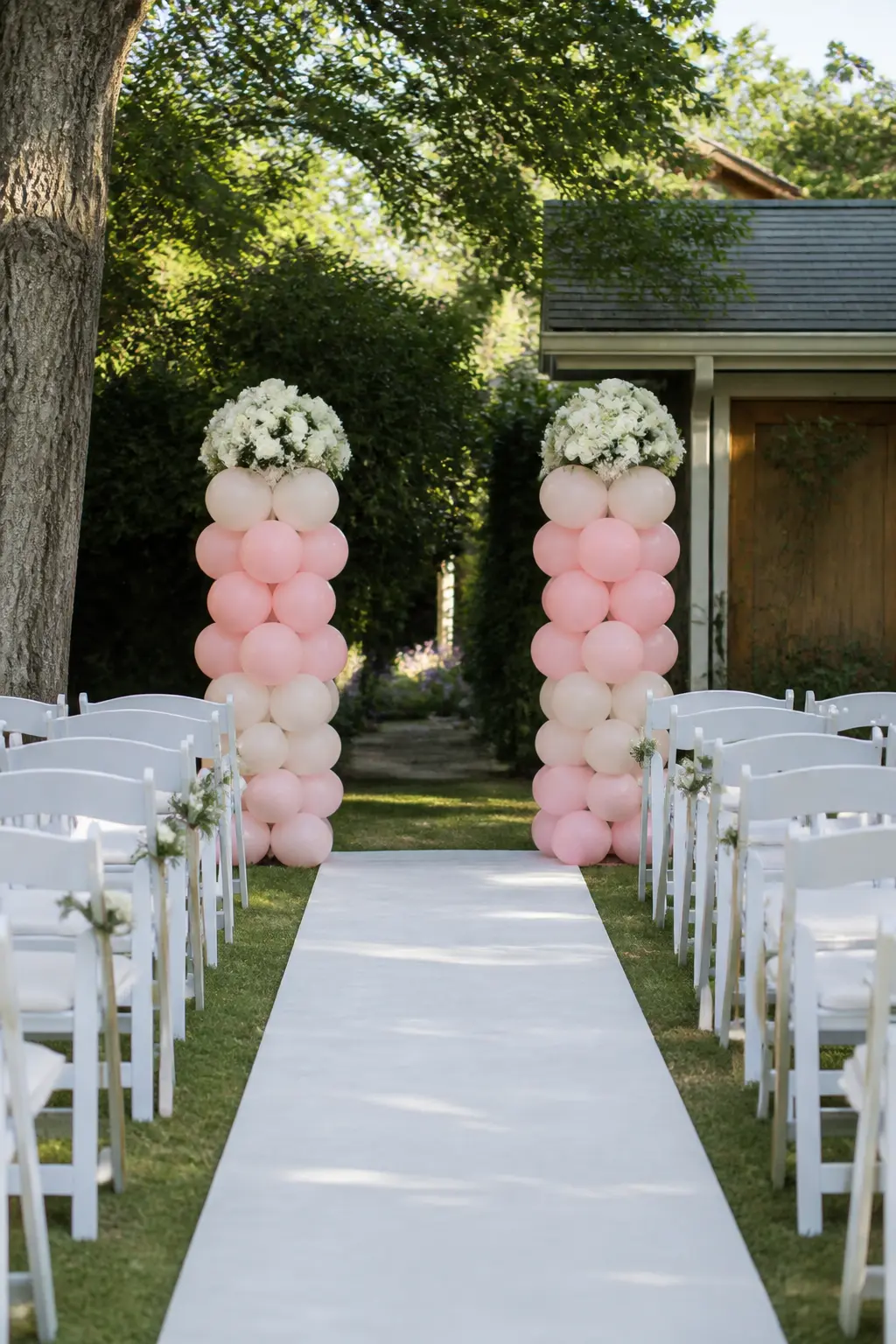 Blush and Ivory Columns Either Side of the Aisle End — Two standing columns in blush and ivory flank the aisle end without joining at the top, leaving the