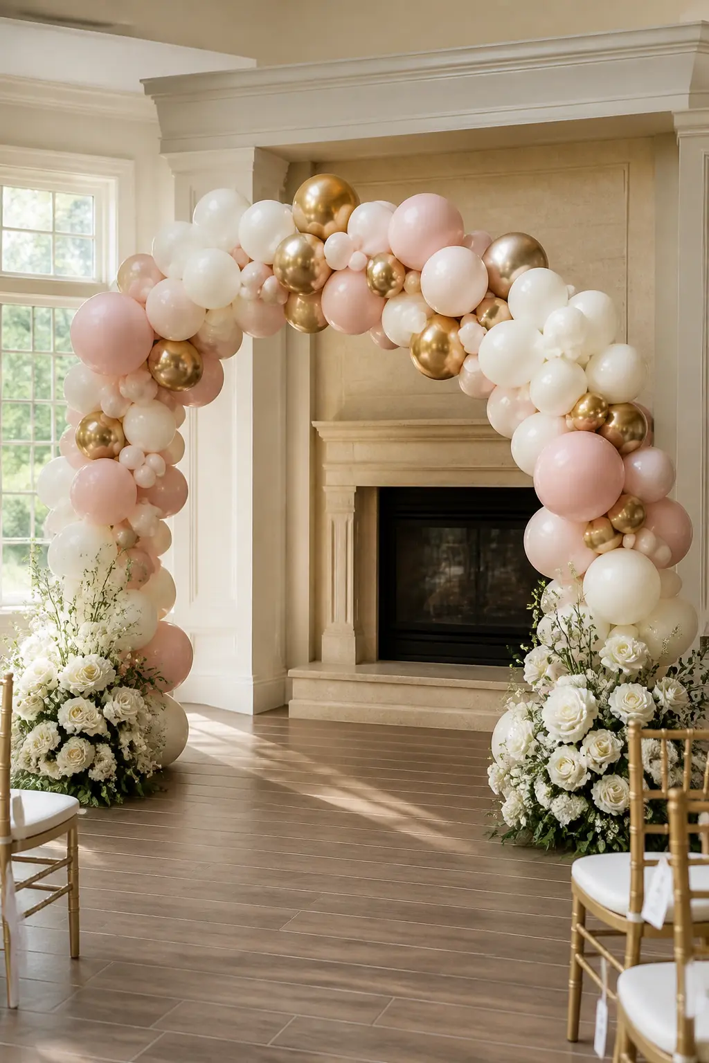 Blush, Ivory and Gold Over the Ceremony Spot — A full organic arch in blush, ivory and gold sits over the ceremony spot, wide enough to frame two people