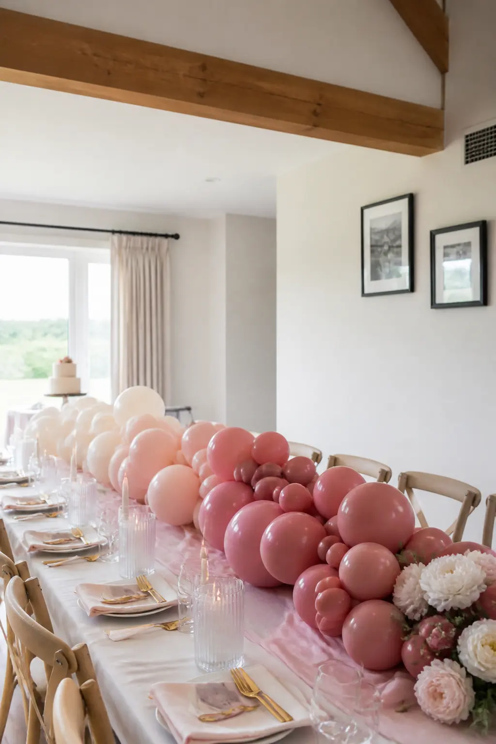 Blush Ombre From Pale to Deep Along the Top Table — A garland runs the full length of the top table, graduating from the palest blush at one end to the deepest