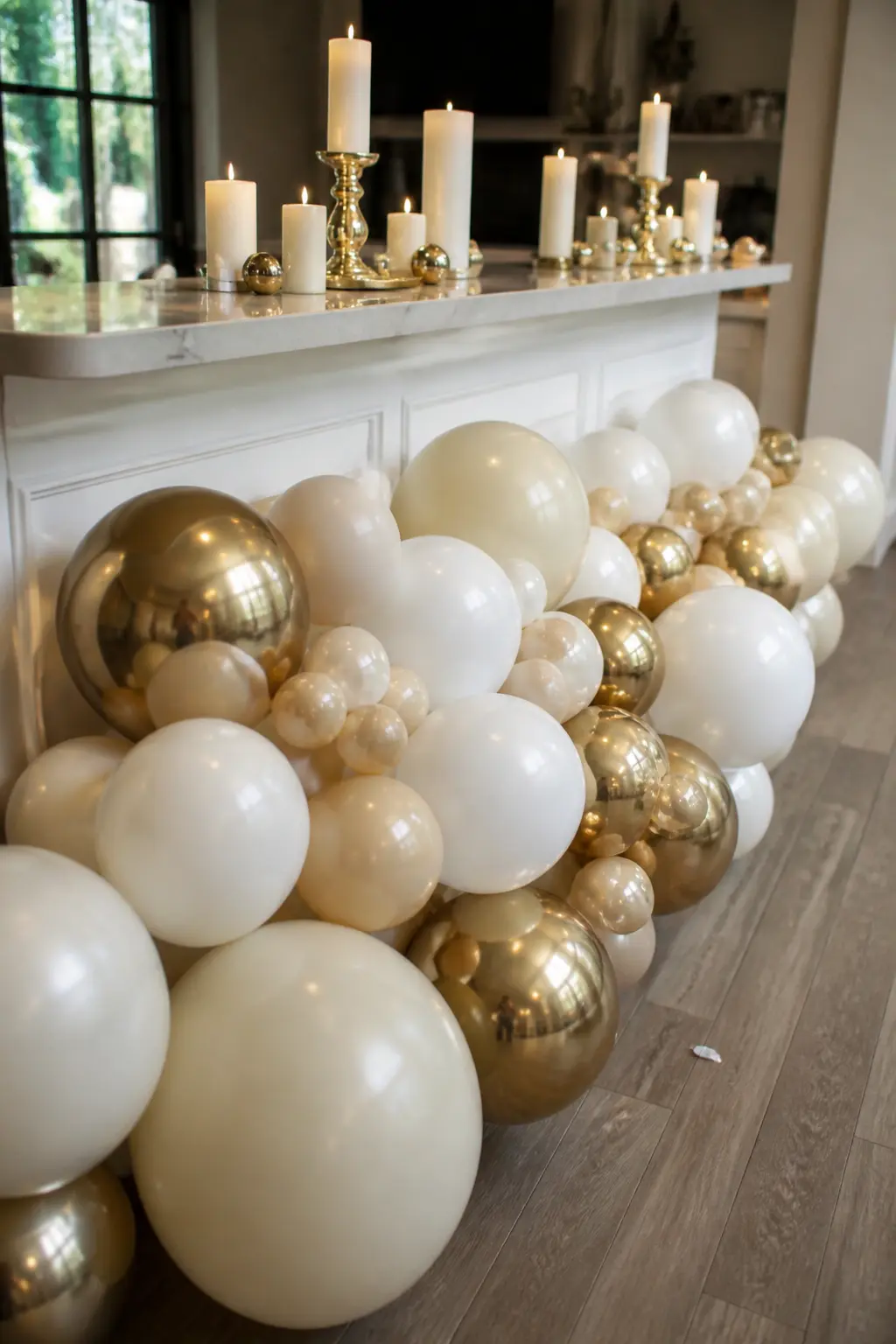 Champagne, Ivory and Chrome Gold Along the Bar — A garland in champagne, ivory and chrome gold runs along the front of the bar, following the line of the bar
