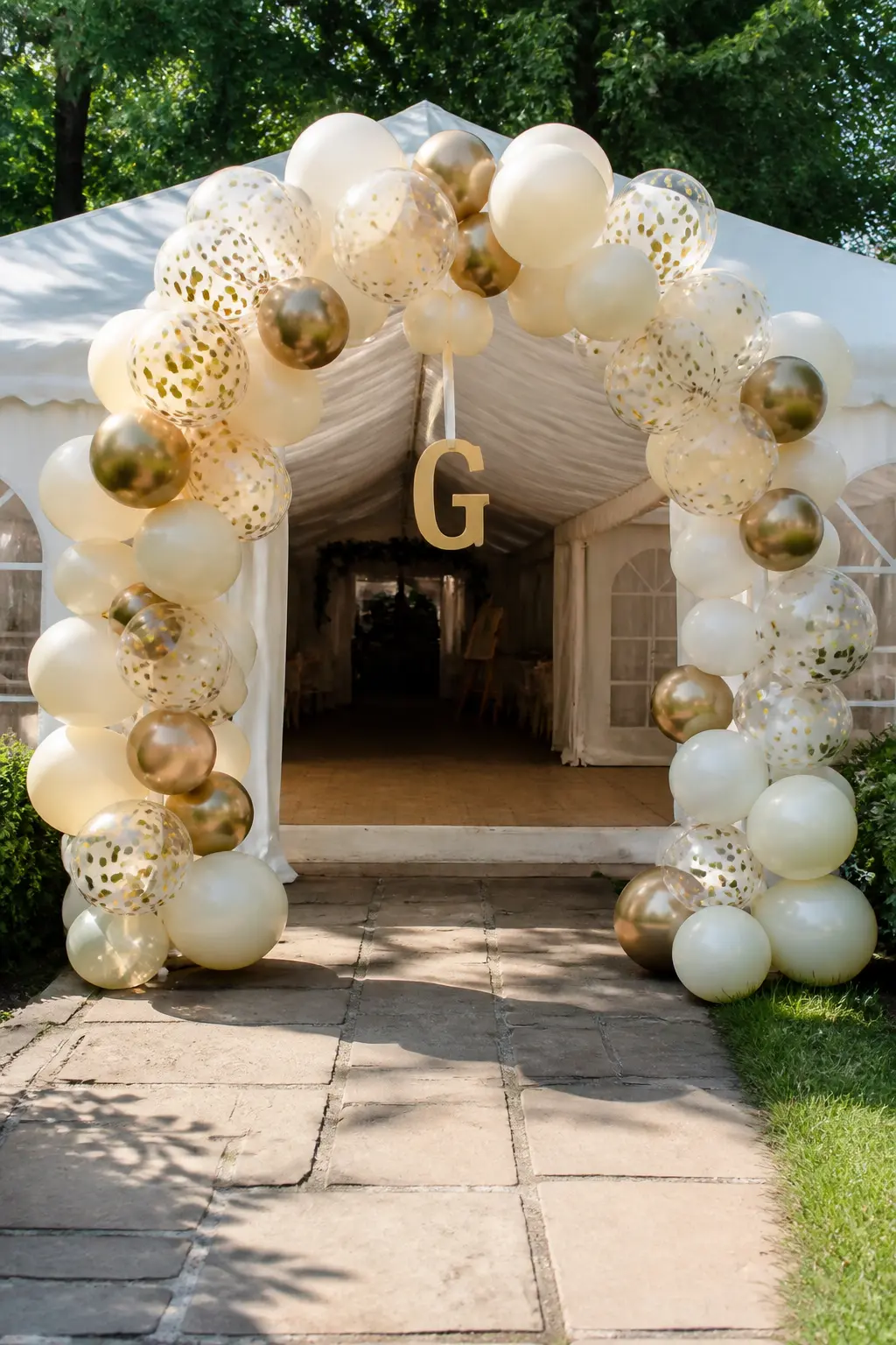 Cream, Gold and Clear Confetti at the Marquee Entrance — A full arch in cream, gold chrome and clear confetti balloons frames the marquee entrance. Wedding