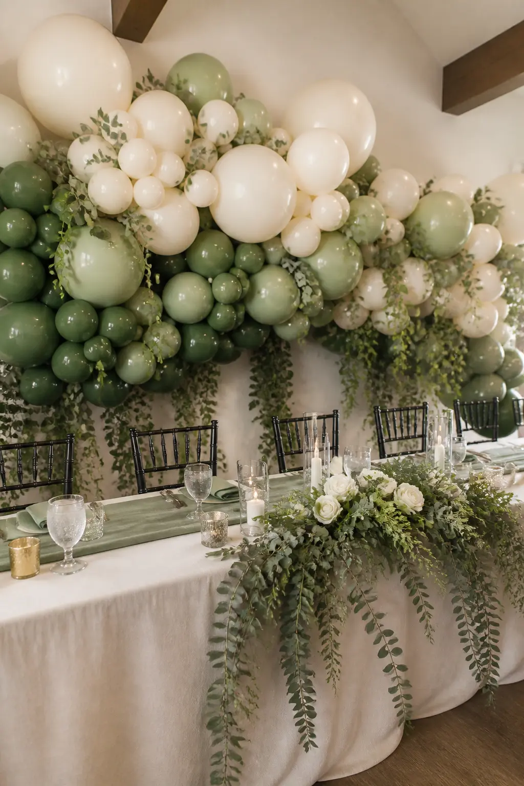 Cream and Sage Cascade Behind the Head Table — A garland in cream and sage covers the full wall behind the head table, the greenery heavier at the base and the