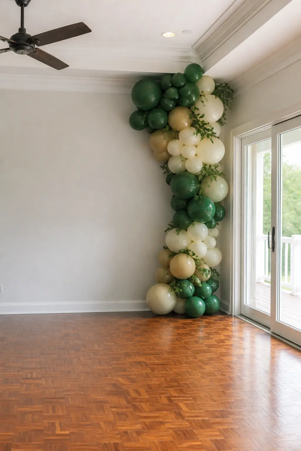 Deep Green, Cream and Sand at the Dance Floor Corner — A garland in deep green, cream and sand cascades from ceiling height down one corner of the dance floor