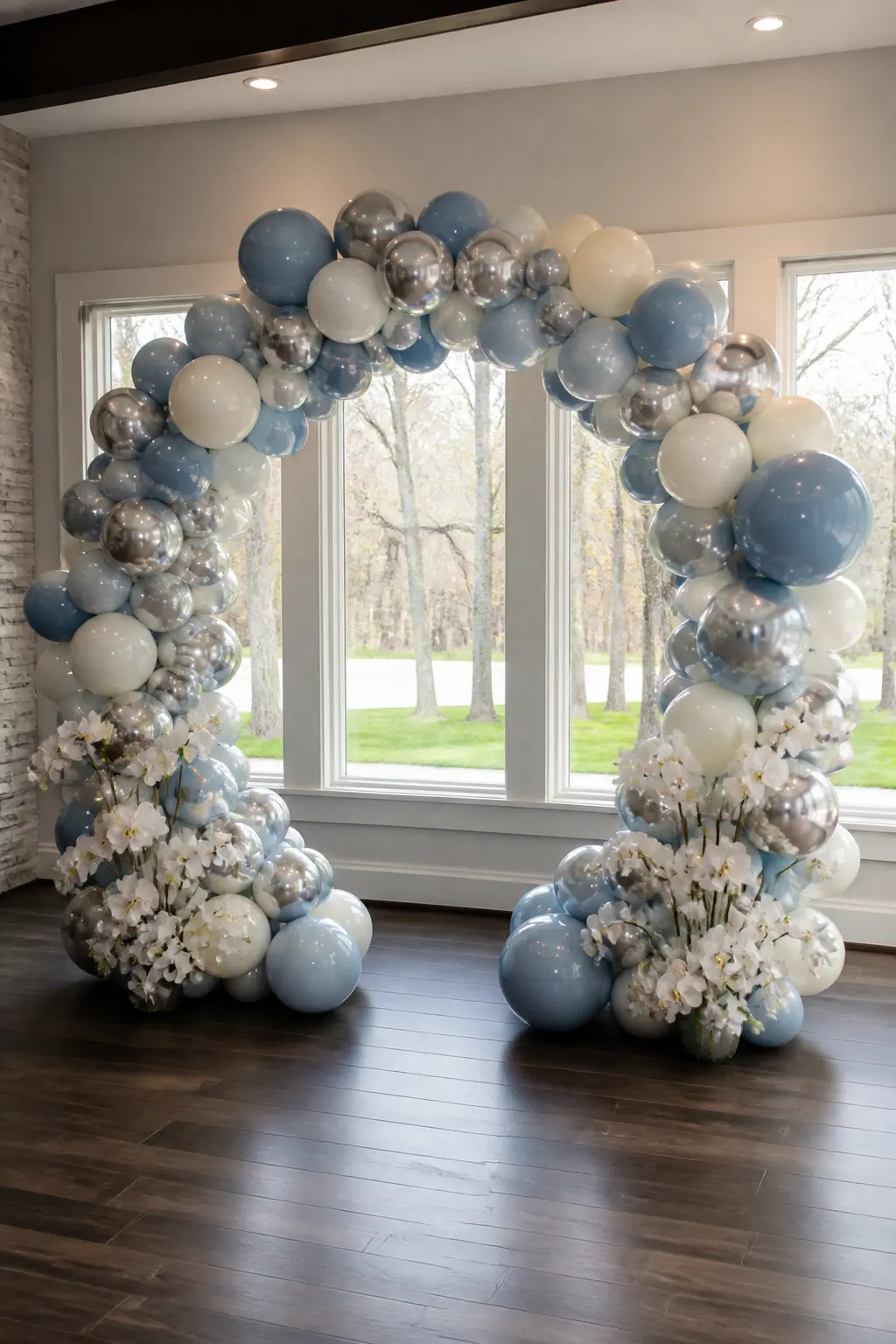 Dusty Blue, Cream and Silver Full Circle at the Ceremony — A full circle in dusty blue, cream and silver sits directly behind the couple at the ceremony.