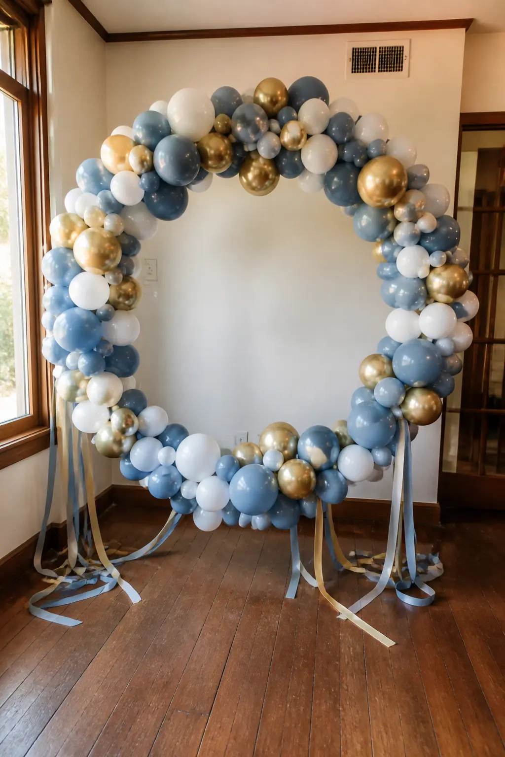 Dusty Blue, White and Gold Full Circle in a Hall — A full balloon circle in dusty blue, white and gold stands in a hall, ribbons in dusty blue and gold