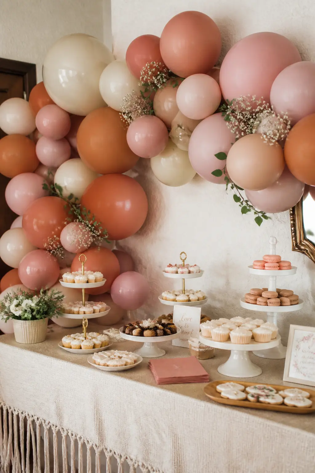 Dusty Pink, Terracotta and Cream Behind the Dessert Table — A garland in dusty pink, terracotta and cream fills the wall behind a dessert table. Wedding