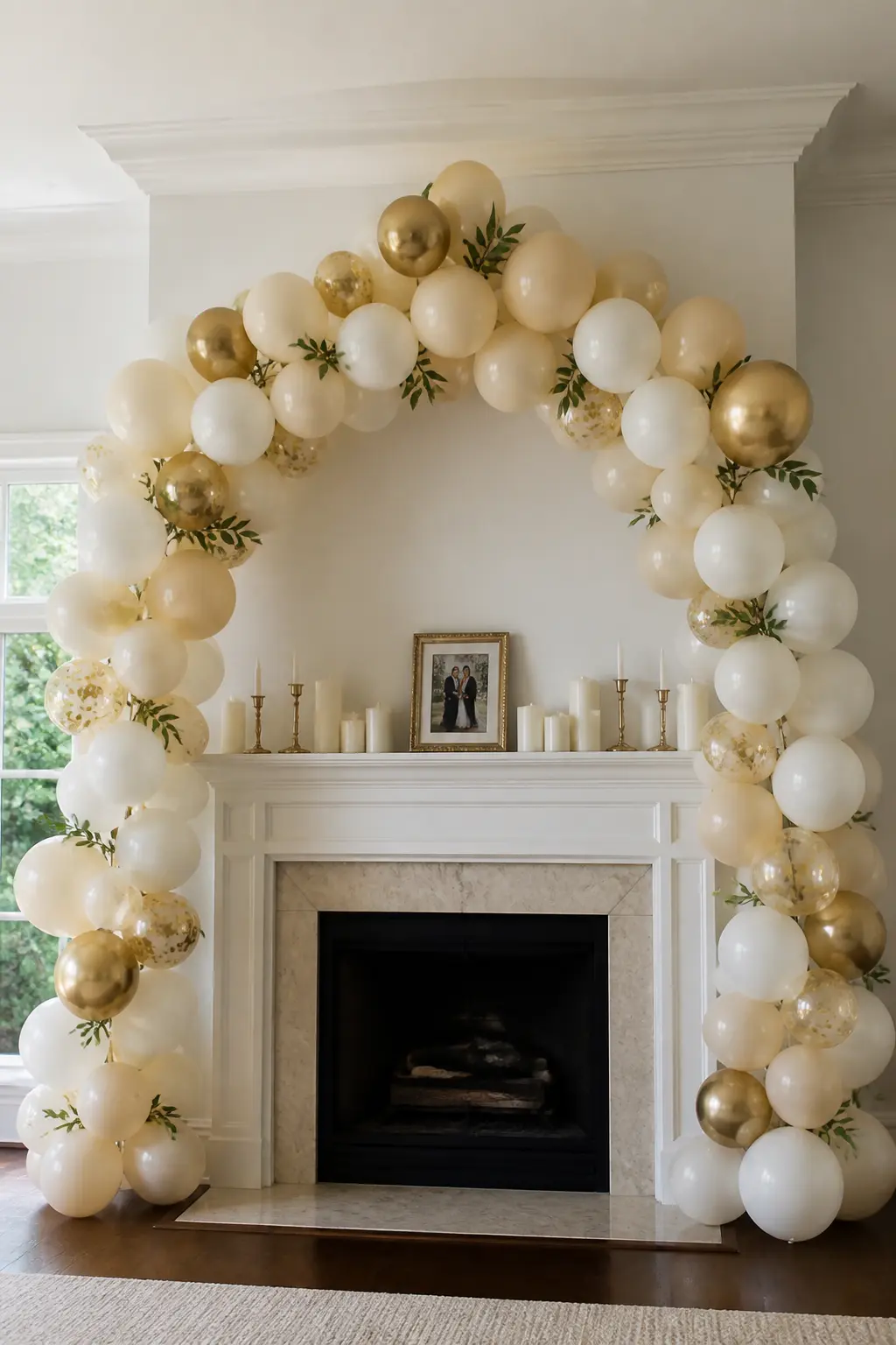Ivory, Champagne and Gold on a Mantel — An arch in ivory, champagne and gold sits on and around a fireplace mantel, rising from the mantel shelf on both sides