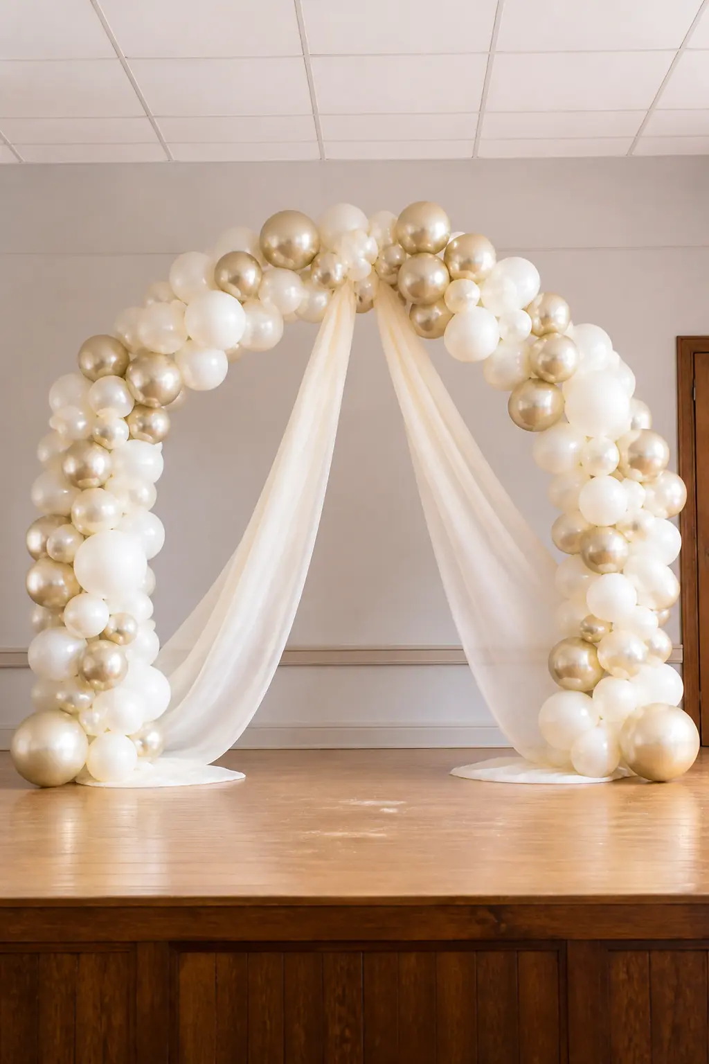 Ivory and Champagne on a Village Hall Stage — A full arch in ivory and champagne stands on a village hall stage, a length of fabric drape falling from the