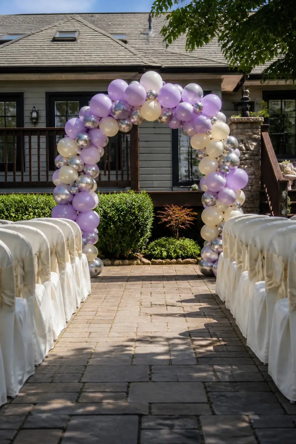 Lavender, Cream and Silver Over the Aisle End — A half-arch in lavender, cream and silver rises from one side of the aisle end, curving to its peak just above