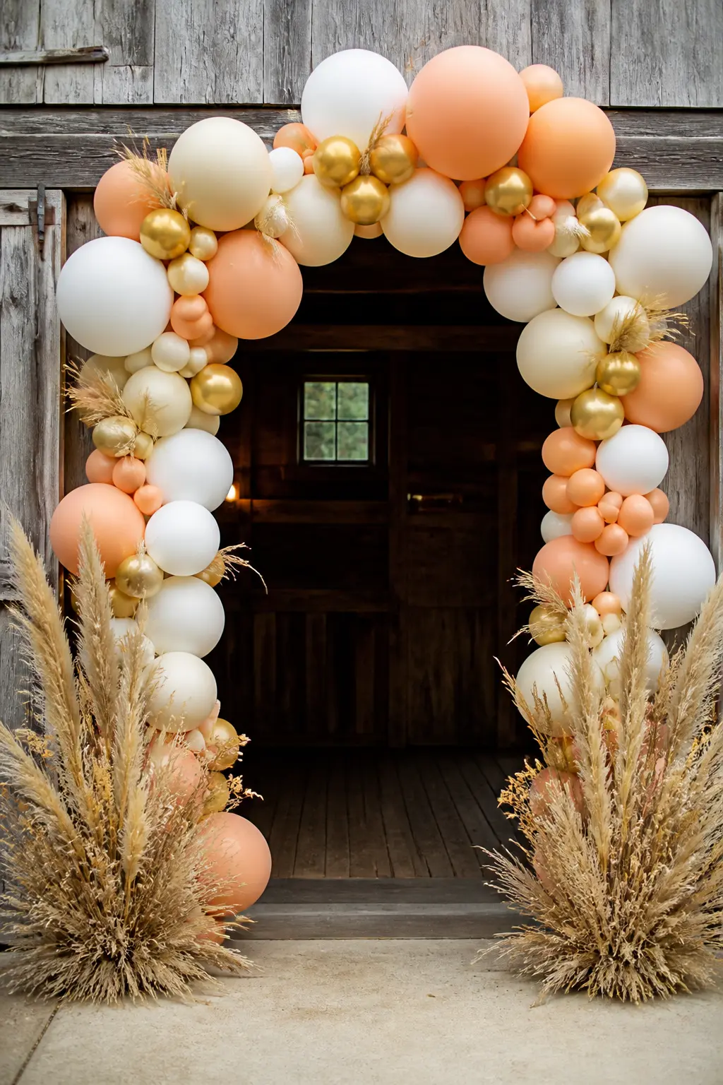 Peach, Cream and Gold Over a Barn Doorway — An arch in peach, cream and chrome gold curves over a barn doorway, the weathered wood frame behind it making the