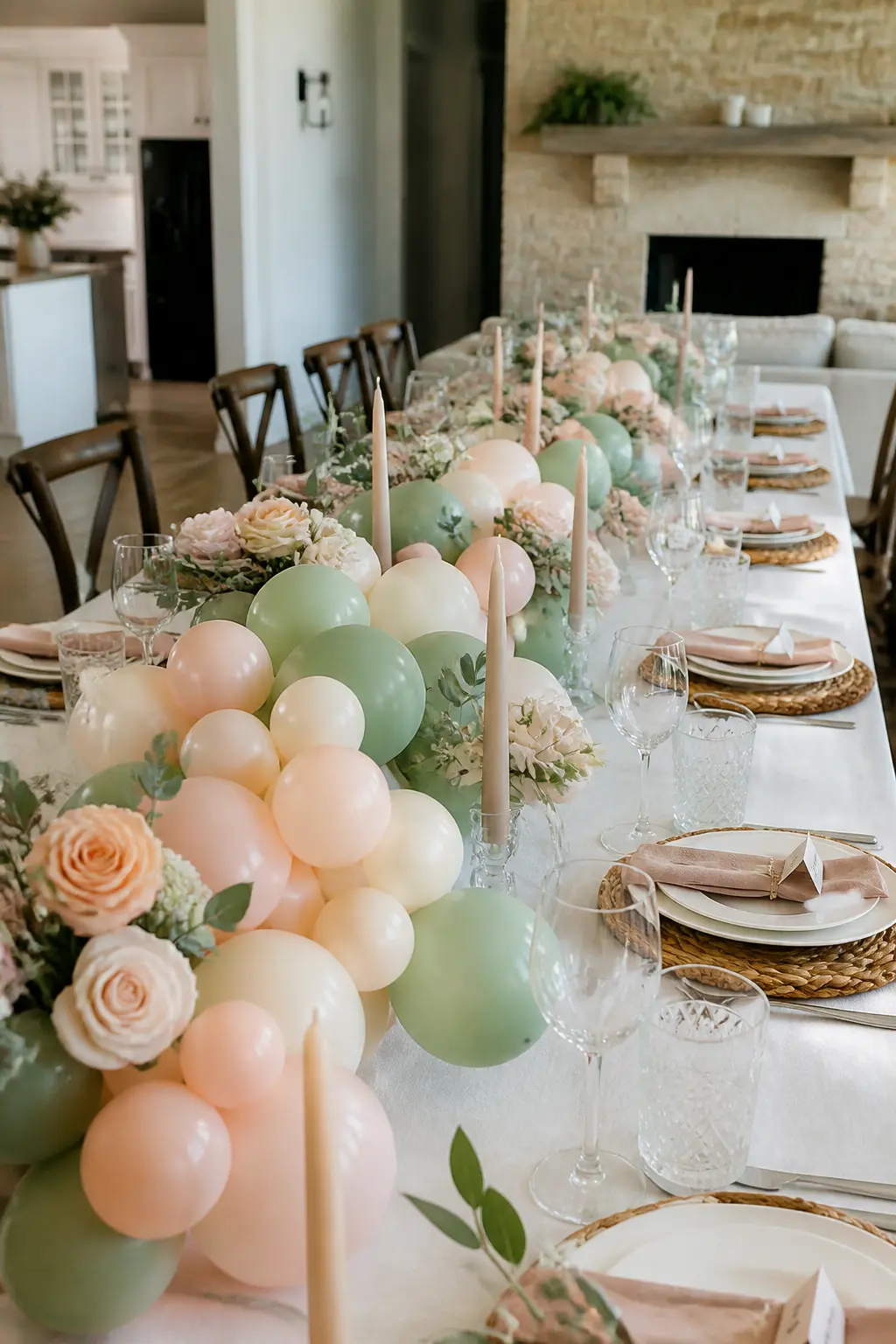 Sage, Blush and Cream Low Garland Along a Long Dining Table — A low garland in sage, blush and cream runs the full length of a long dining table, the balloons