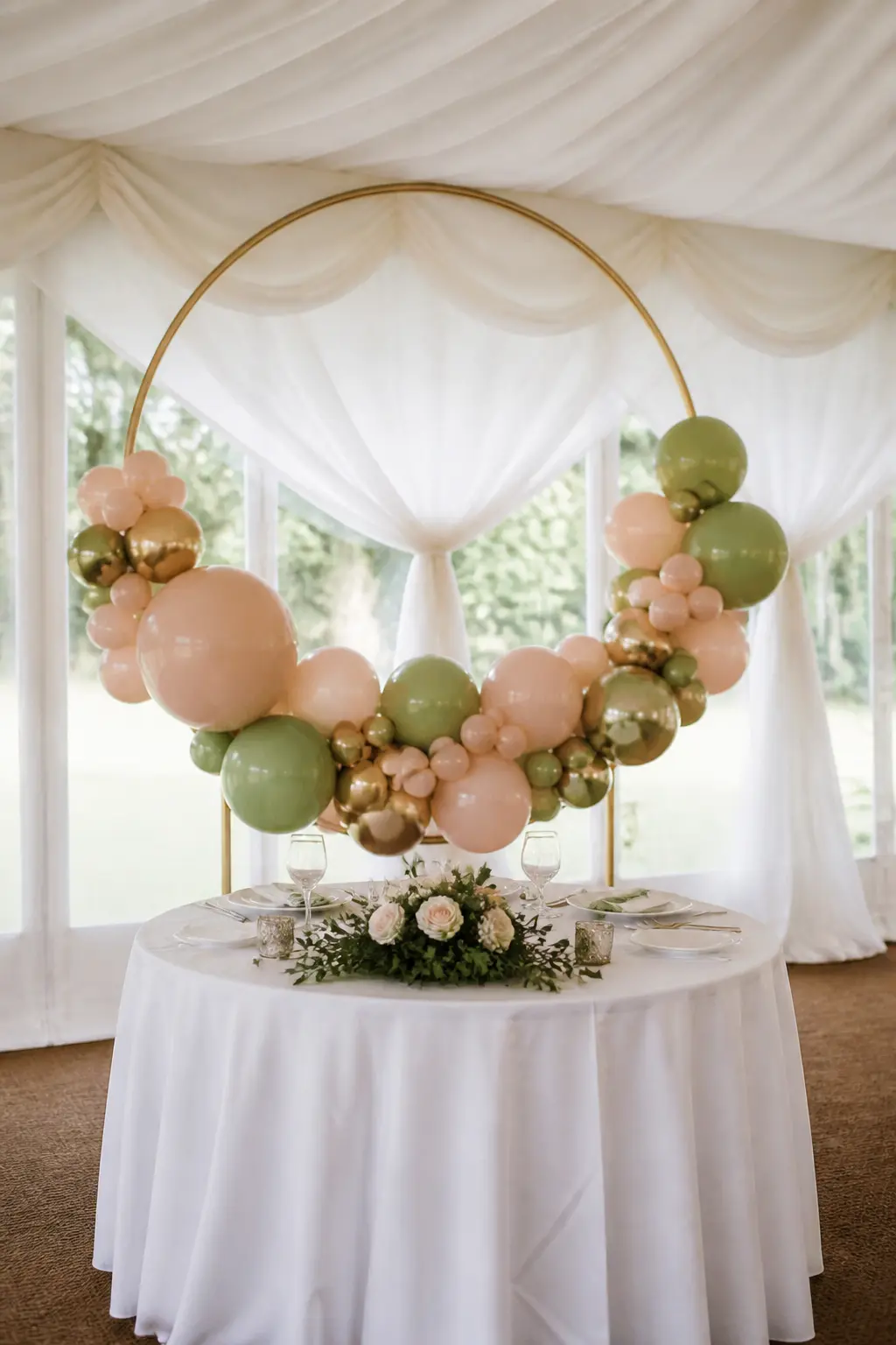 Sage, Blush and Gold Hoop Above a Round Sweetheart Table — A balloon hoop in sage, blush and gold hangs above a round sweetheart table in a marquee. Wedding