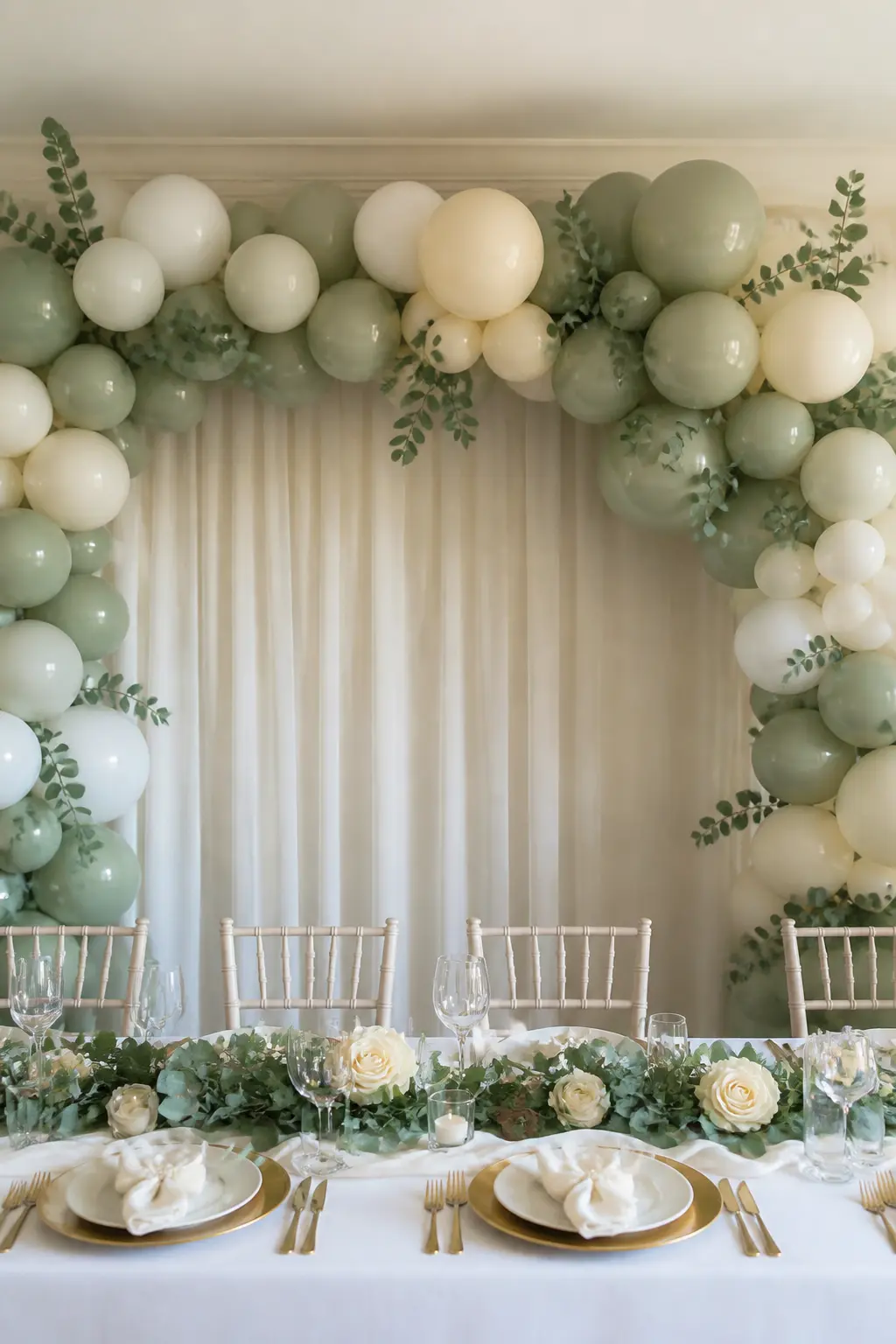 Sage, Cream and Pearl Behind the Top Table — A full organic arch in sage, cream and pearl sits behind the top table, wide enough to span the full length of the