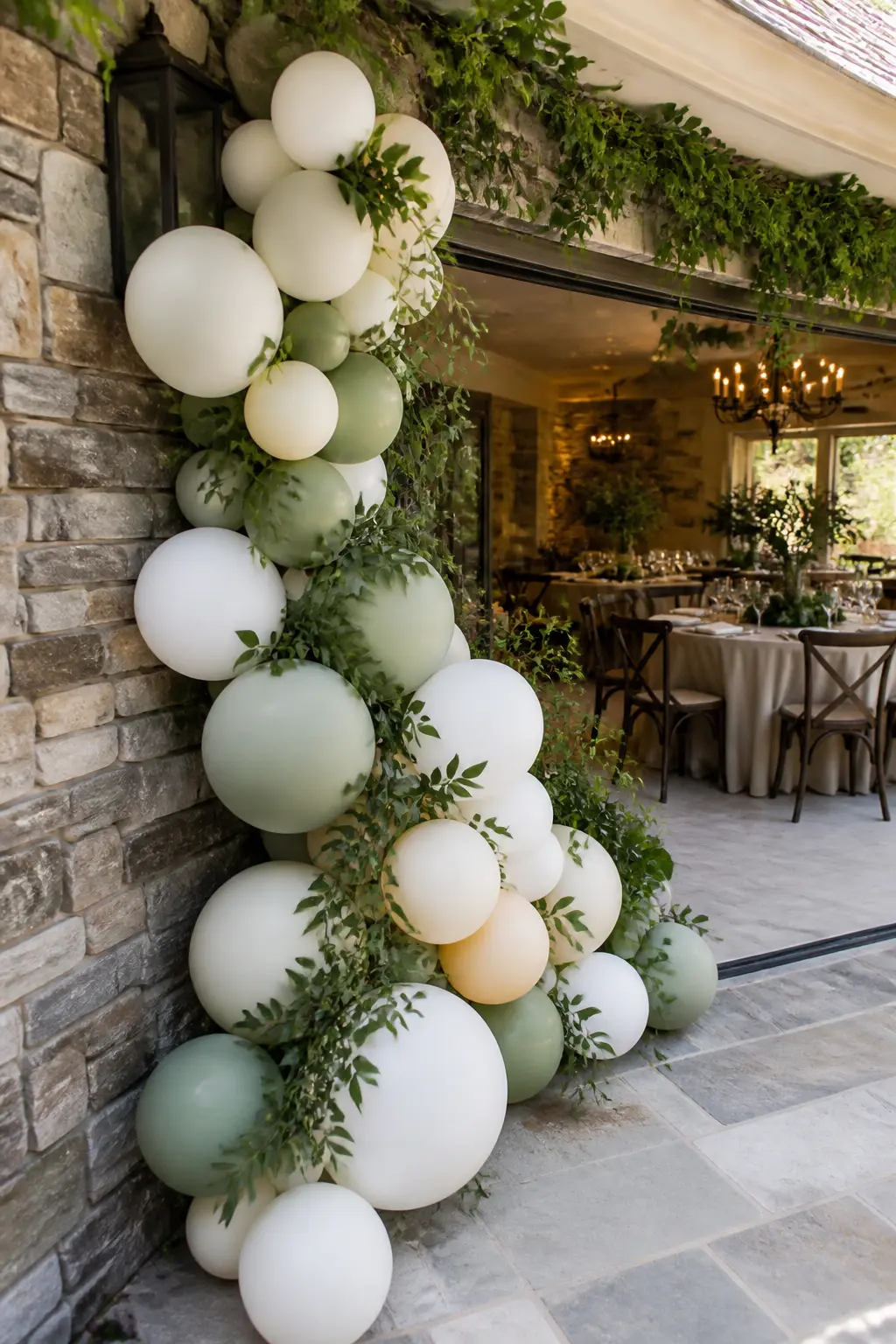 Sage and Ivory Along a Stone Wall — A garland in sage and ivory runs along a stone wall, wild greenery pushed into the gaps between the balloons so the foliage