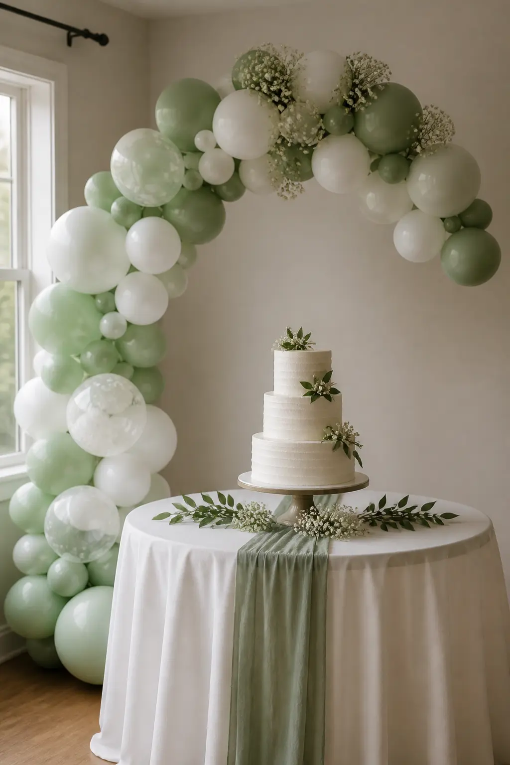 Sage and White Arch Framing the Cake — A half-arch in sage and white rises from one side of the cake table, curving over the three-tier cake at its crown