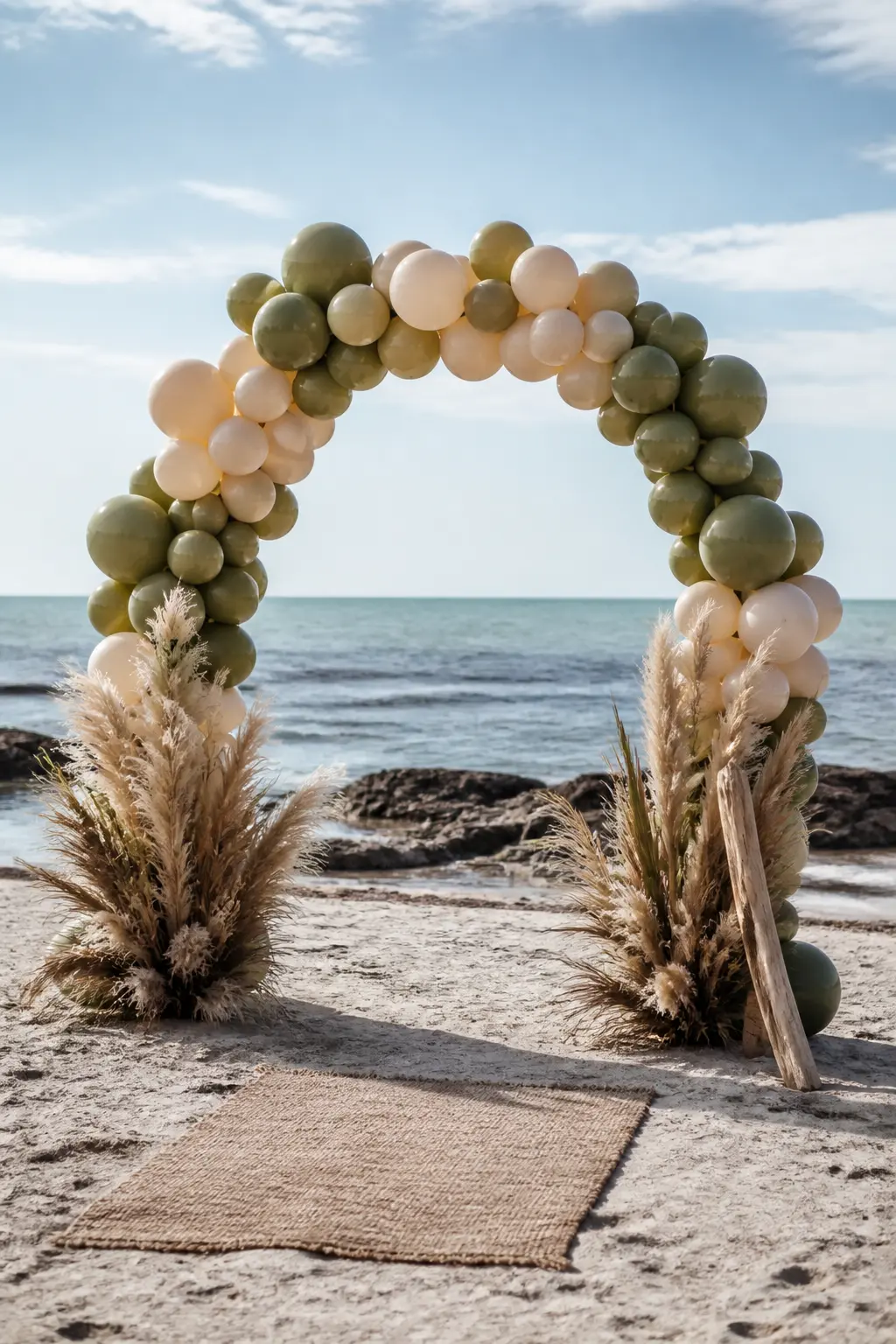 Sand, Cream and Olive on a Beach Ceremony Spot — An arch in sand, cream and olive stands on a beach ceremony spot, the sea and sky behind it. Wedding balloon