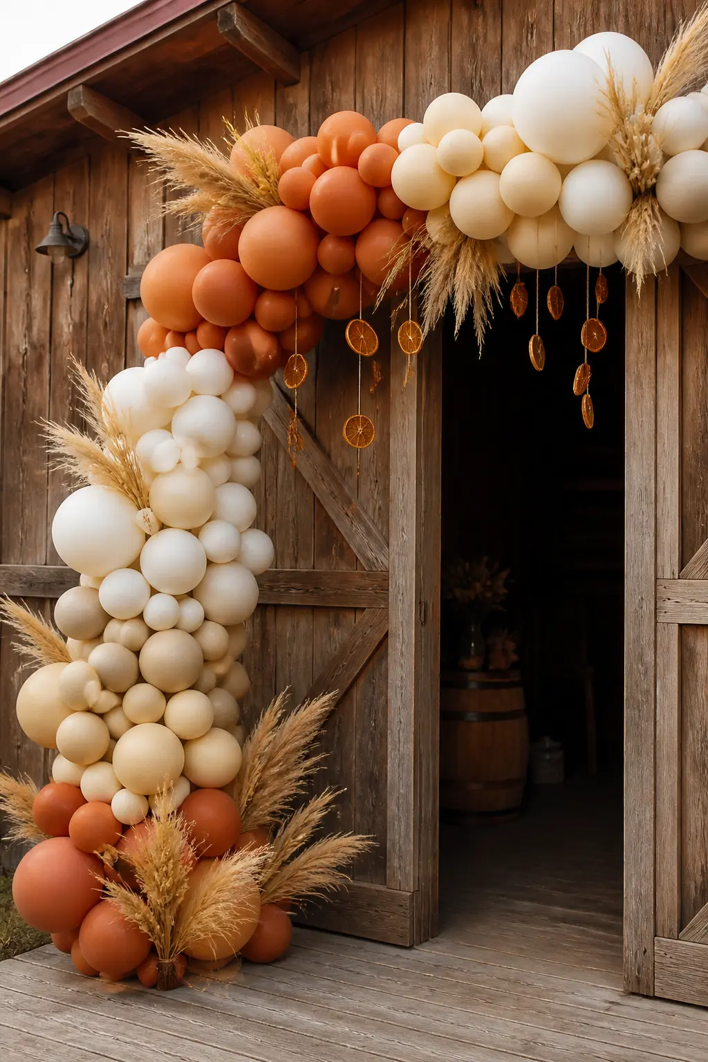Terracotta and Cream With Pampas, Wheat and Dried Orange Slices — A full arch in terracotta and cream stands at the entrance of a rustic barn, pampas plumes at