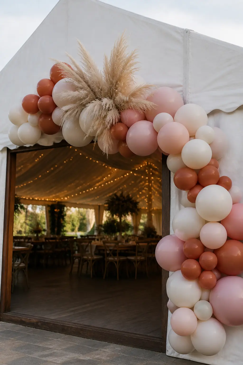 Terracotta, Dusty Rose and Cream Garland at a Marquee Entrance — A garland in terracotta, dusty rose and cream curves across the top of a marquee entrance