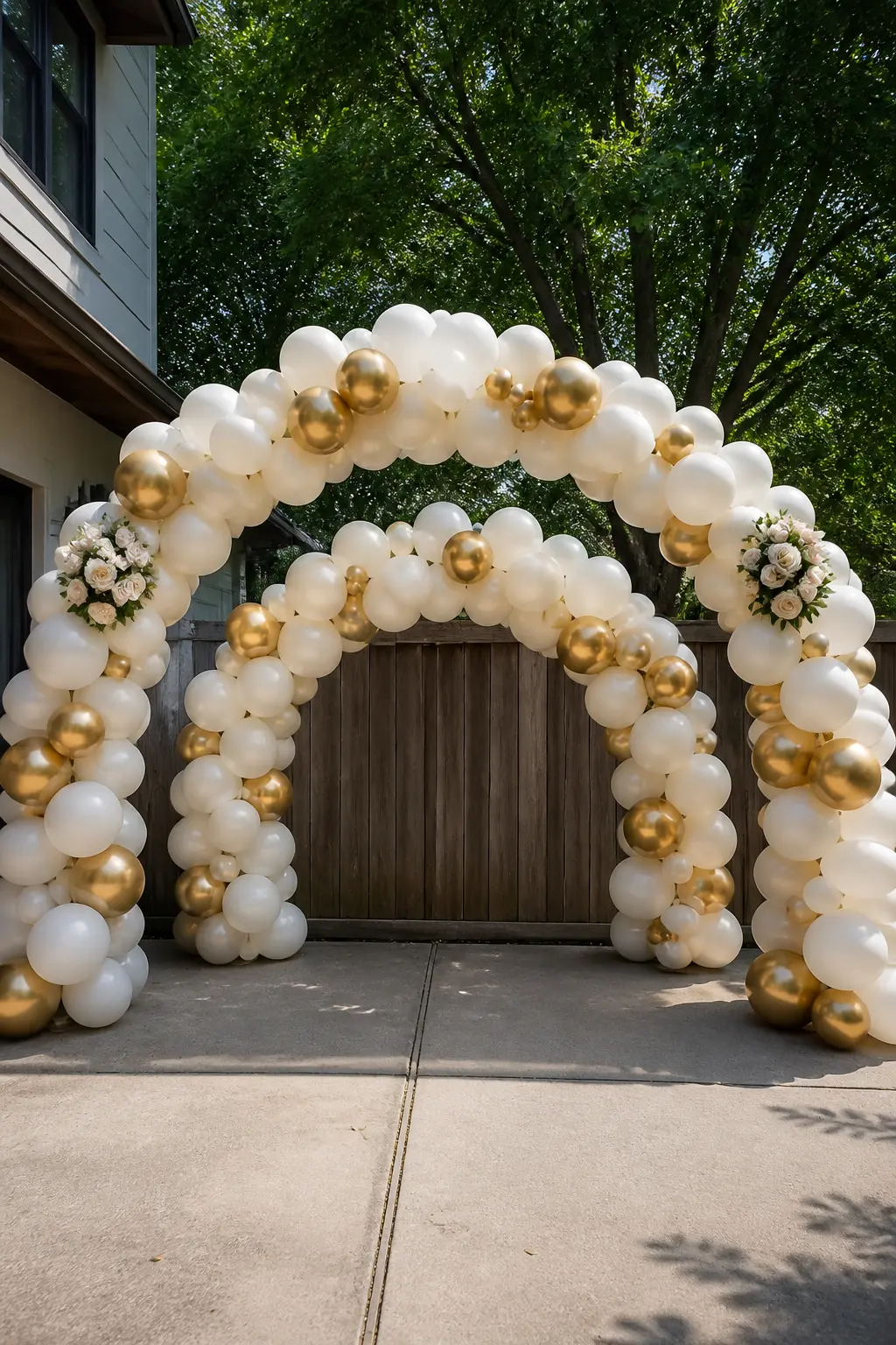 White and Gold Double Arch at the Photo Corner — Two full arches in white and gold stand one behind the other at the photo corner, offset by about forty