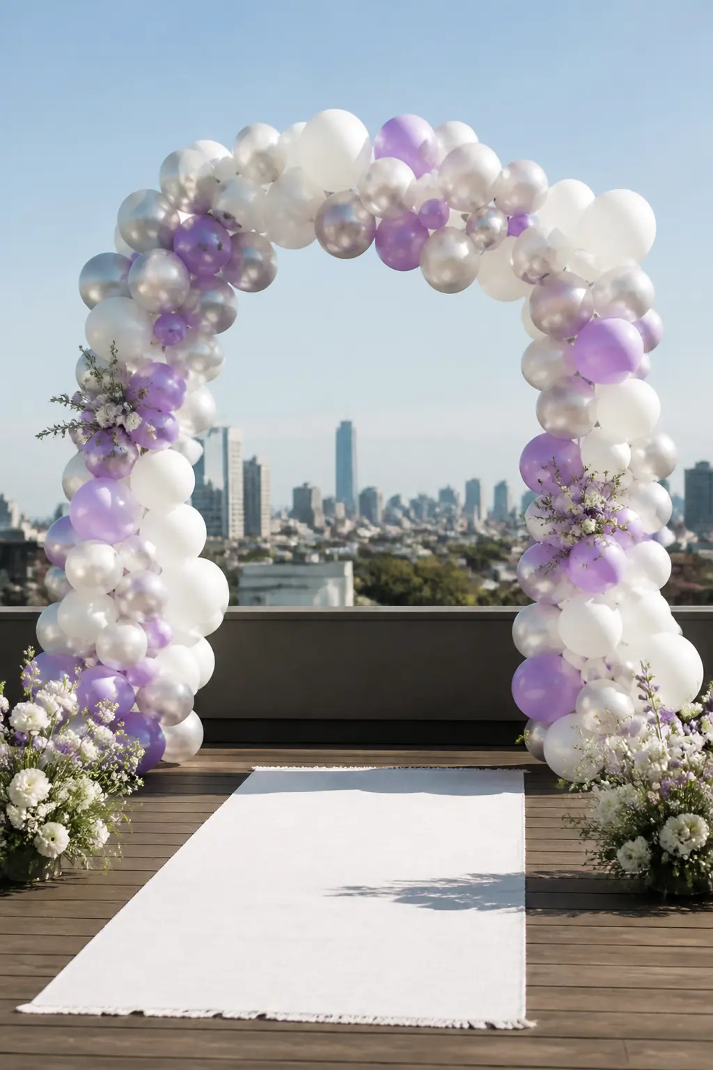 White, Pearl and Lilac Over a Rooftop Ceremony — A full arch in white, pearl and lilac stands over a rooftop ceremony spot, the city skyline visible in the